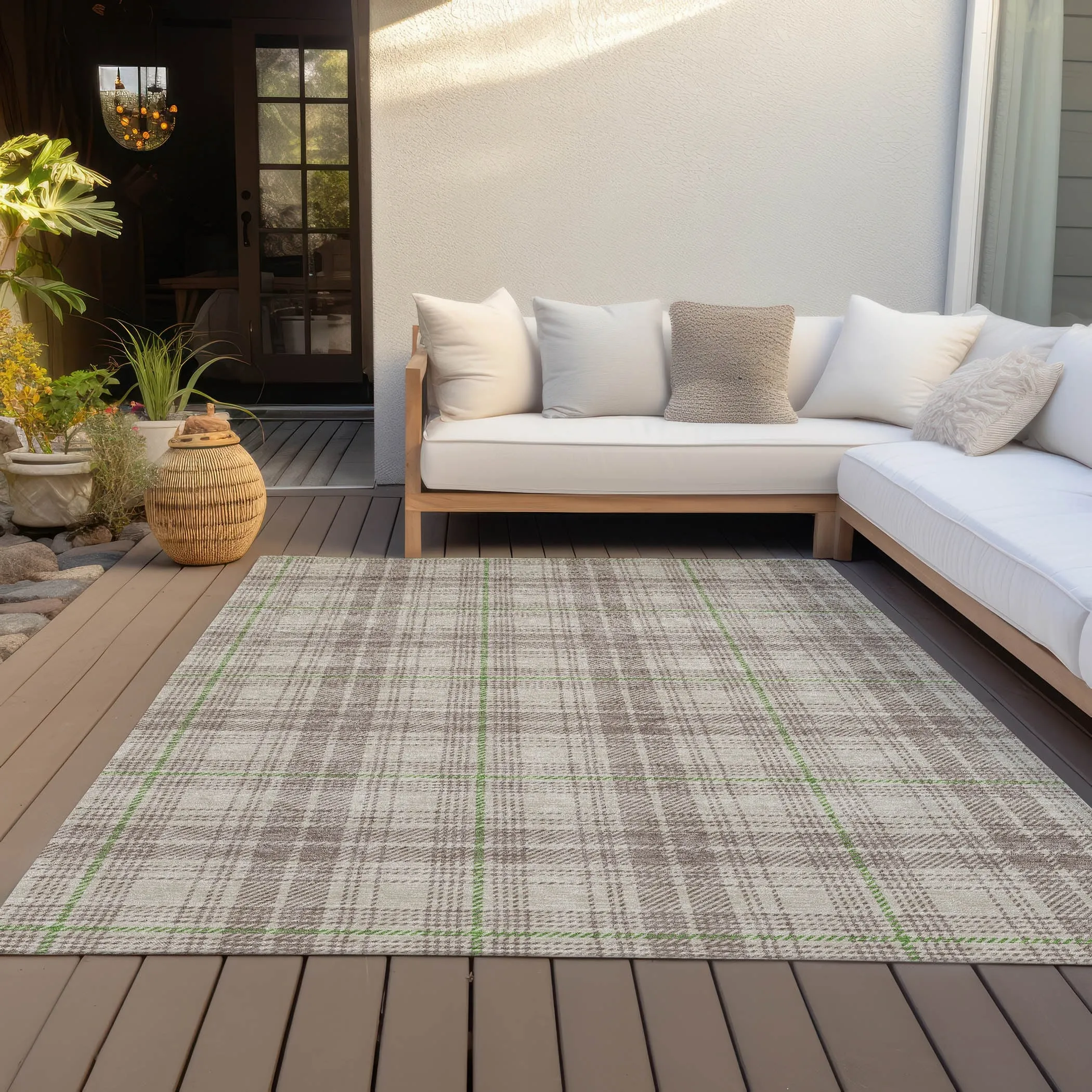 Machine Washable Indoor/ Outdoor Plaid Chantille Rug