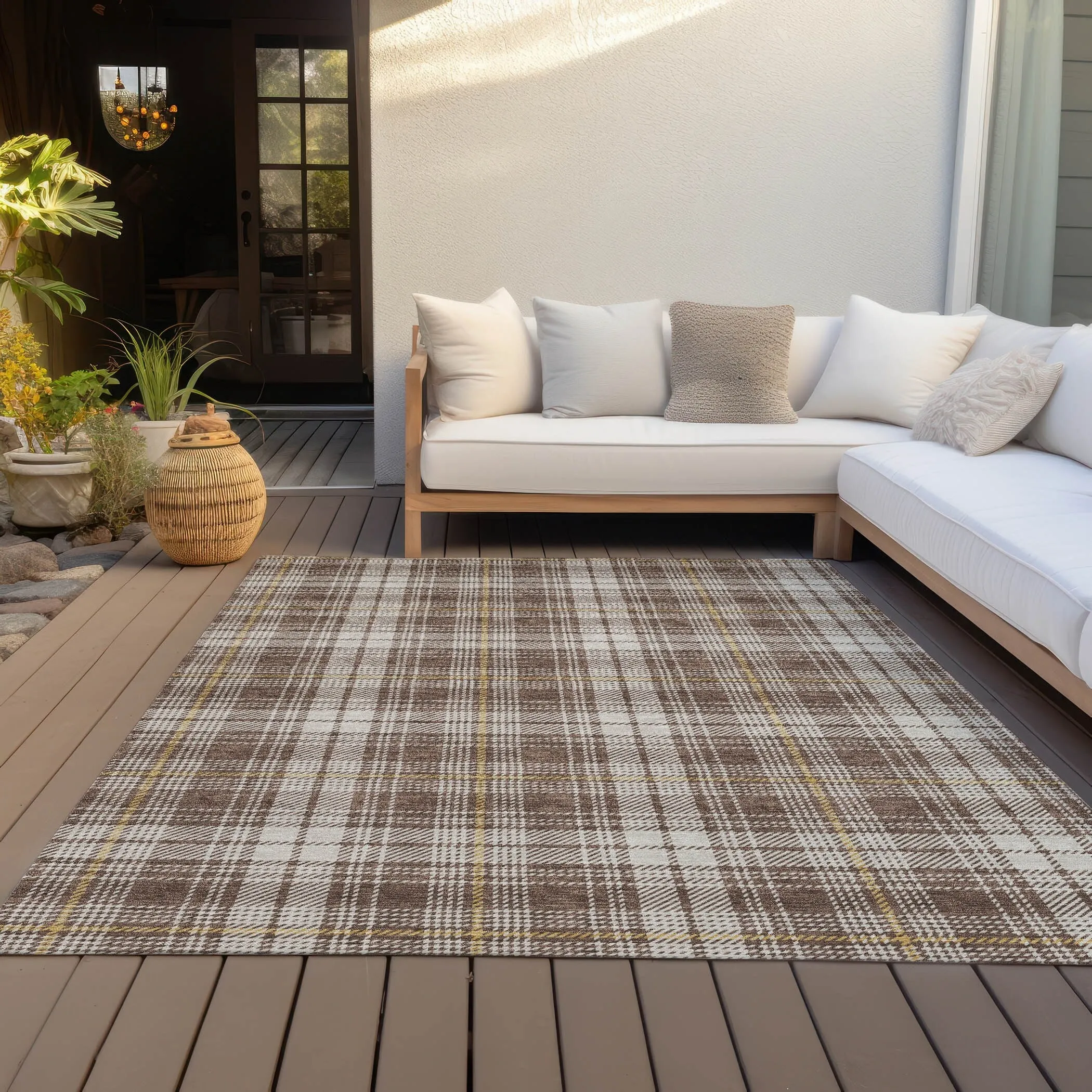 Machine Washable Indoor/ Outdoor Plaid Chantille Rug