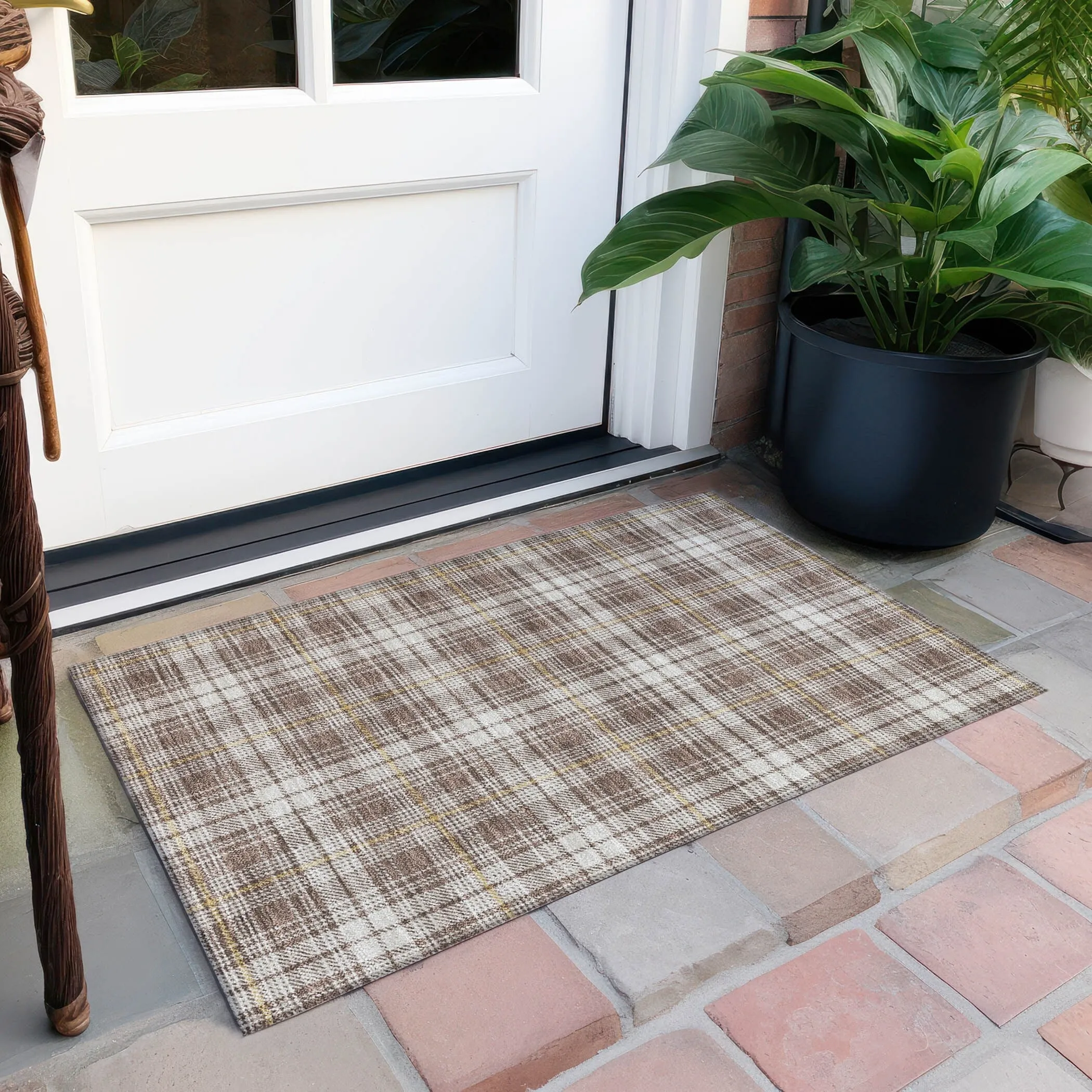 Machine Washable Indoor/ Outdoor Plaid Chantille Rug
