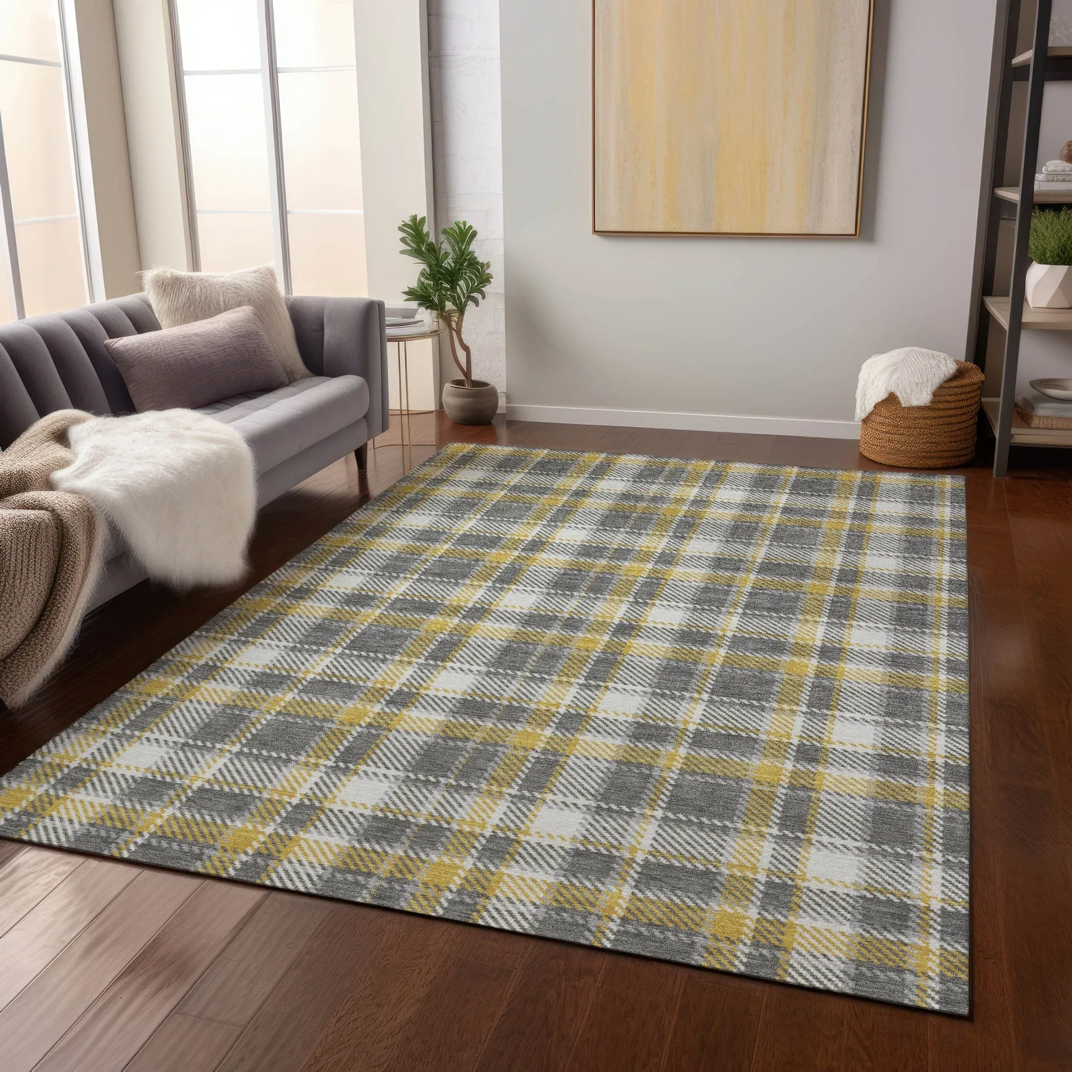 Machine Washable Indoor/ Outdoor Traditional Plaid Chantille Rug