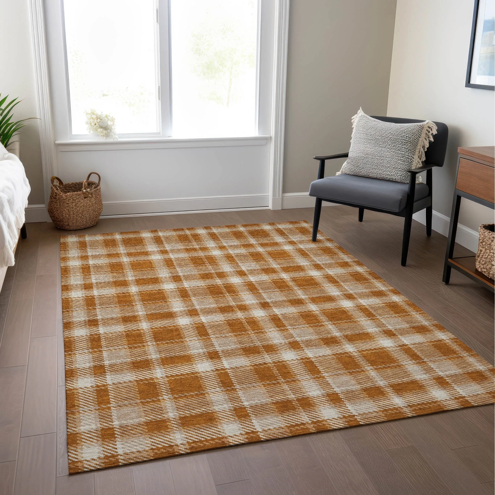 Machine Washable Indoor/ Outdoor Traditional Plaid Chantille Rug