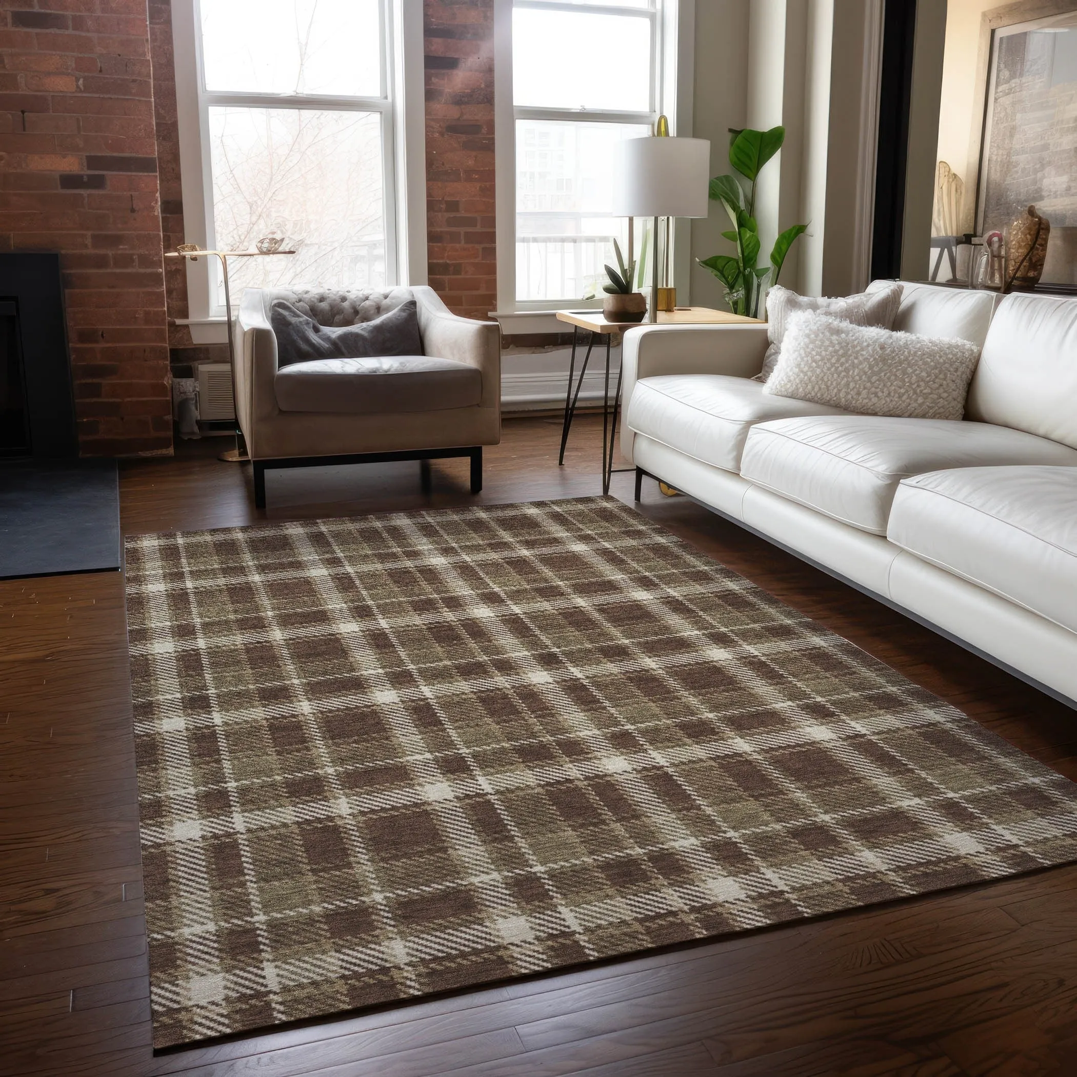 Machine Washable Indoor/ Outdoor Traditional Plaid Chantille Rug