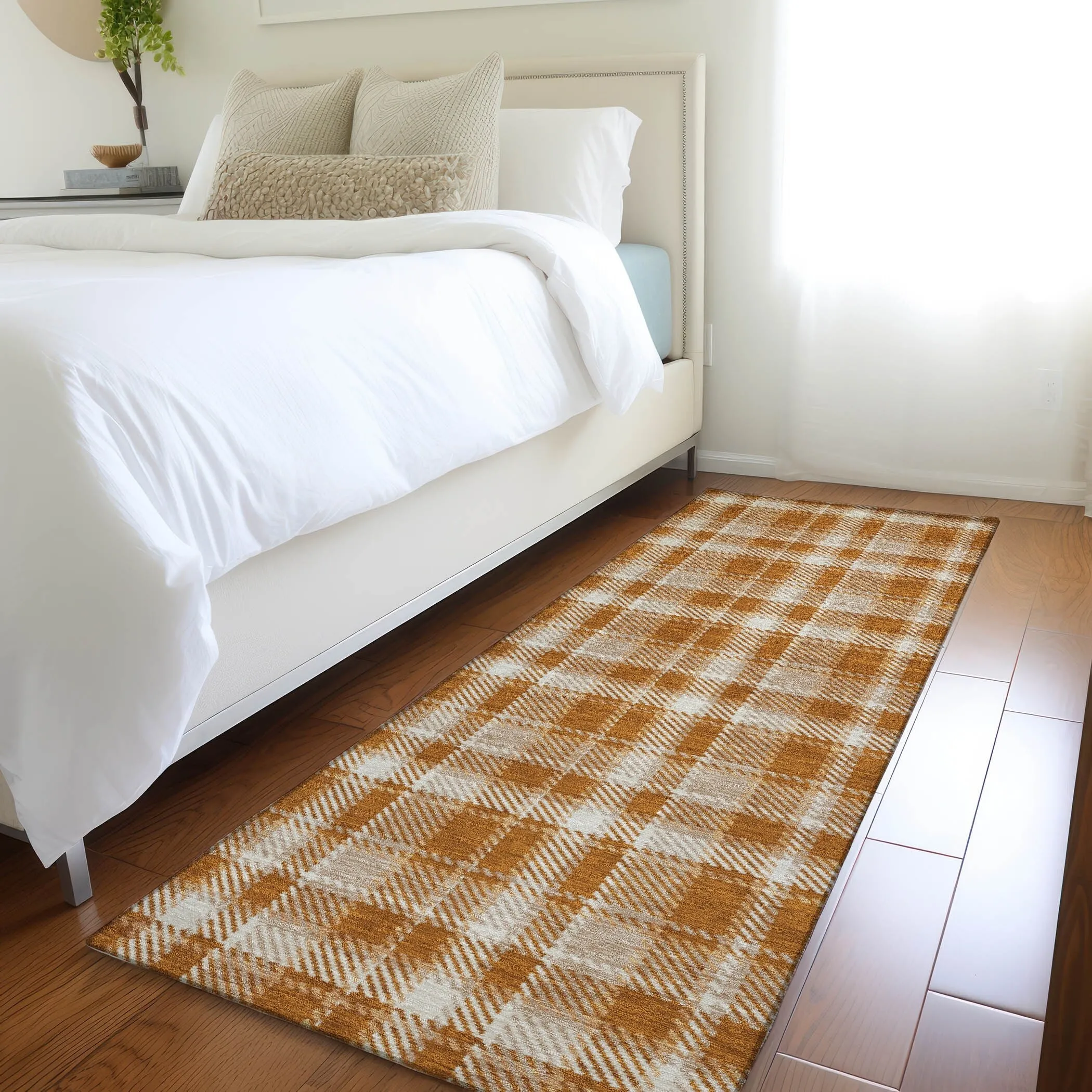 Machine Washable Indoor/ Outdoor Traditional Plaid Chantille Rug