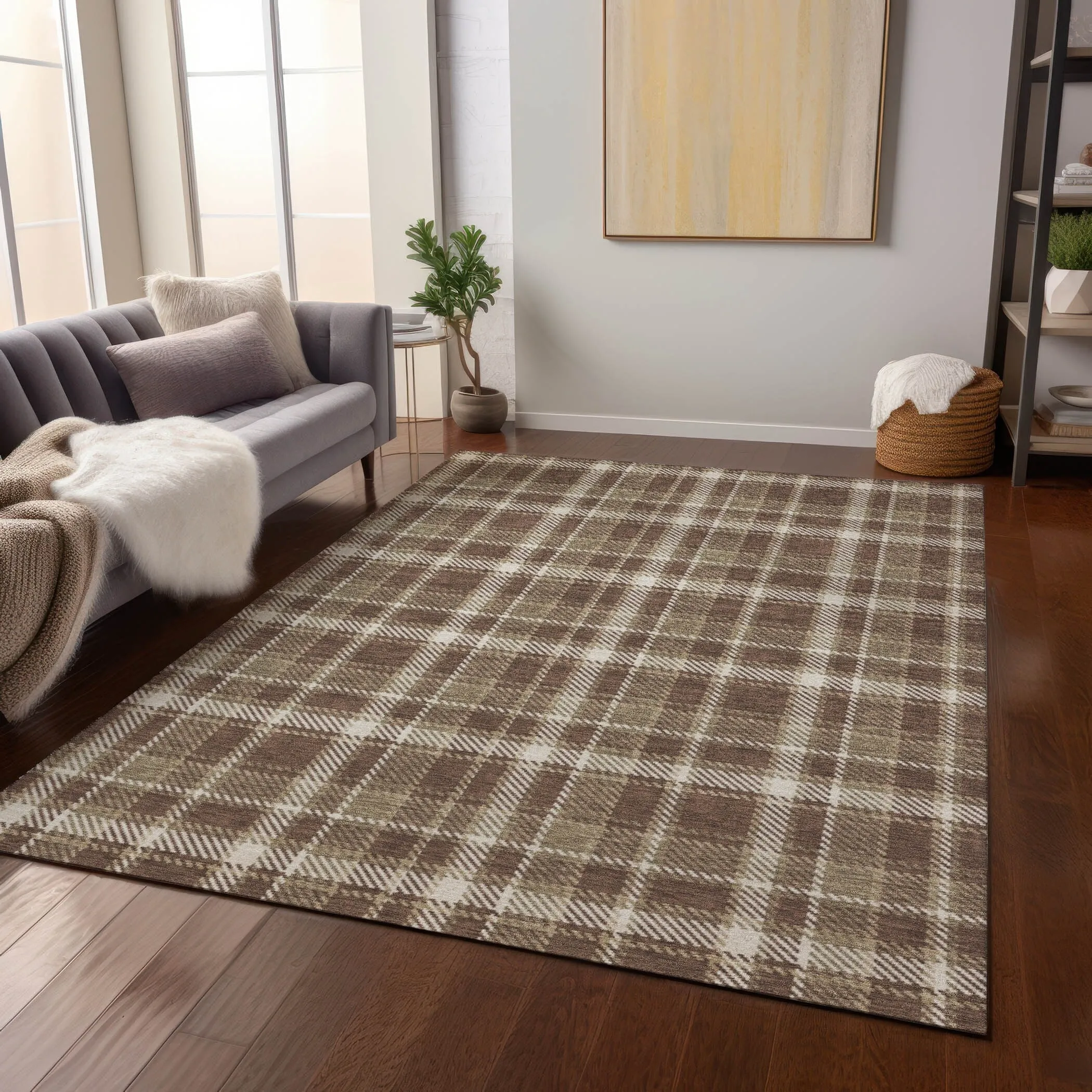 Machine Washable Indoor/ Outdoor Traditional Plaid Chantille Rug