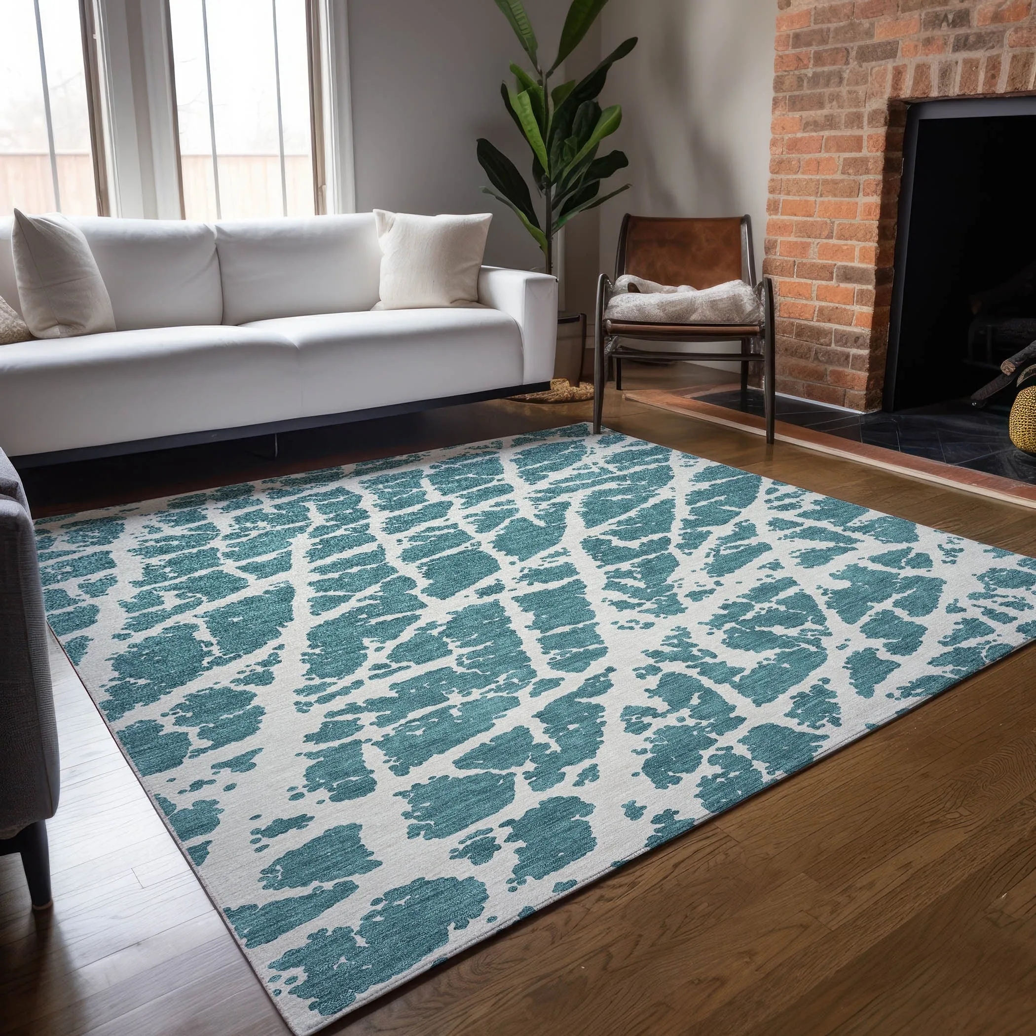 Machine Washable Indoor/ Outdoor Transitional Teal Crackle Chantille Rug