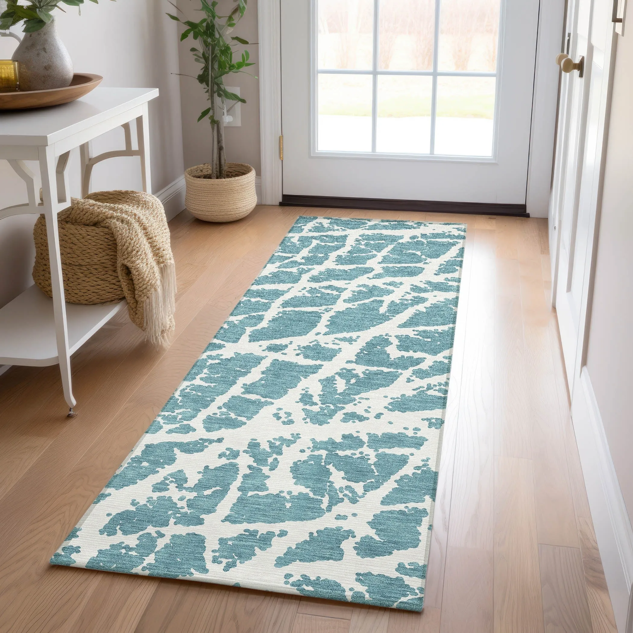 Machine Washable Indoor/ Outdoor Transitional Teal Crackle Chantille Rug