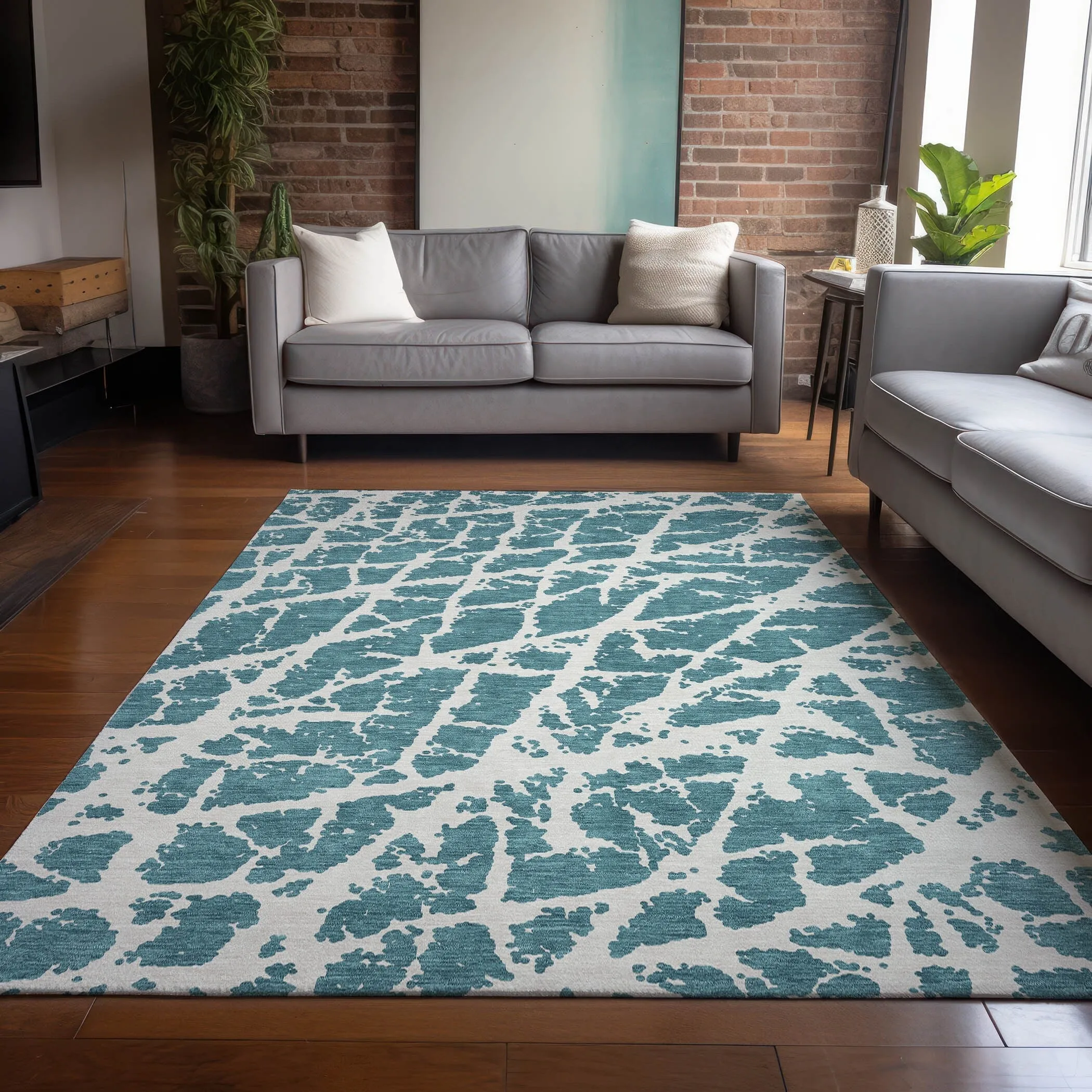 Machine Washable Indoor/ Outdoor Transitional Teal Crackle Chantille Rug