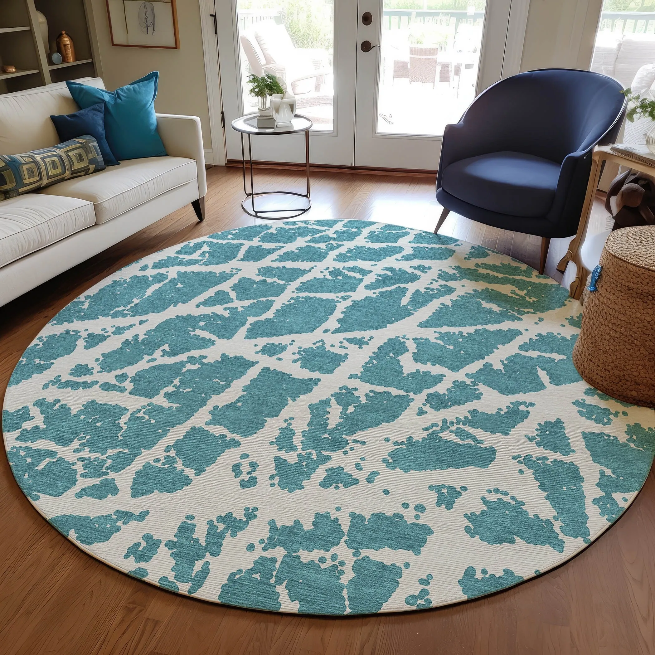 Machine Washable Indoor/ Outdoor Transitional Teal Crackle Chantille Rug