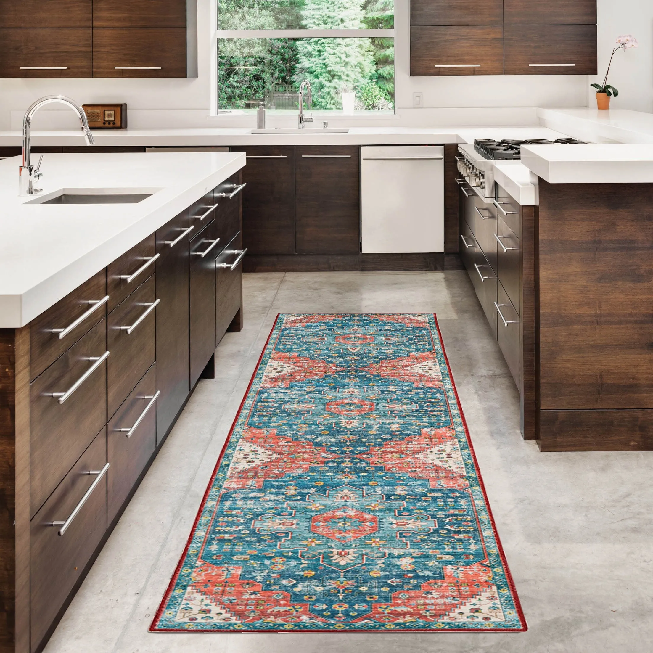 Markum Machine Washable Teal and Rust Area Rug