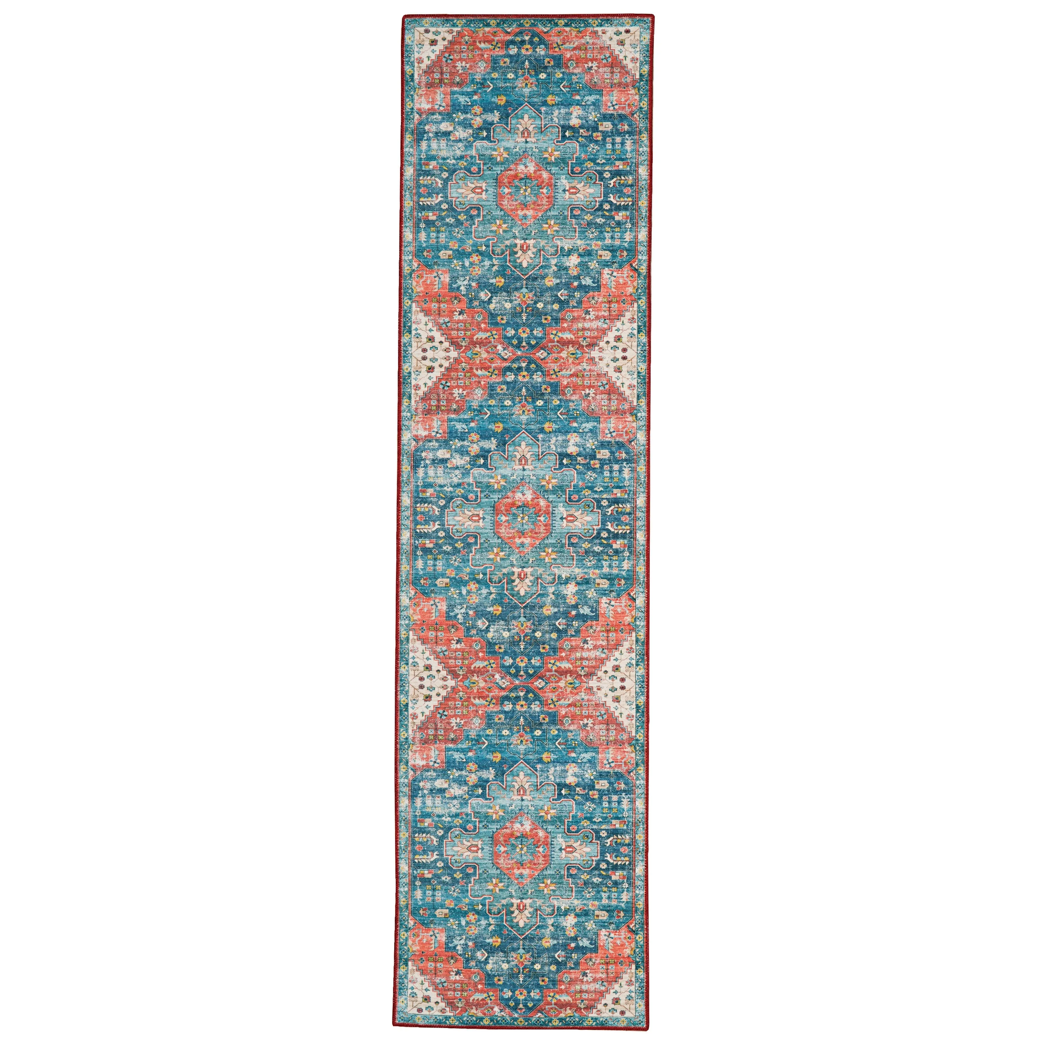 Markum Machine Washable Teal and Rust Area Rug
