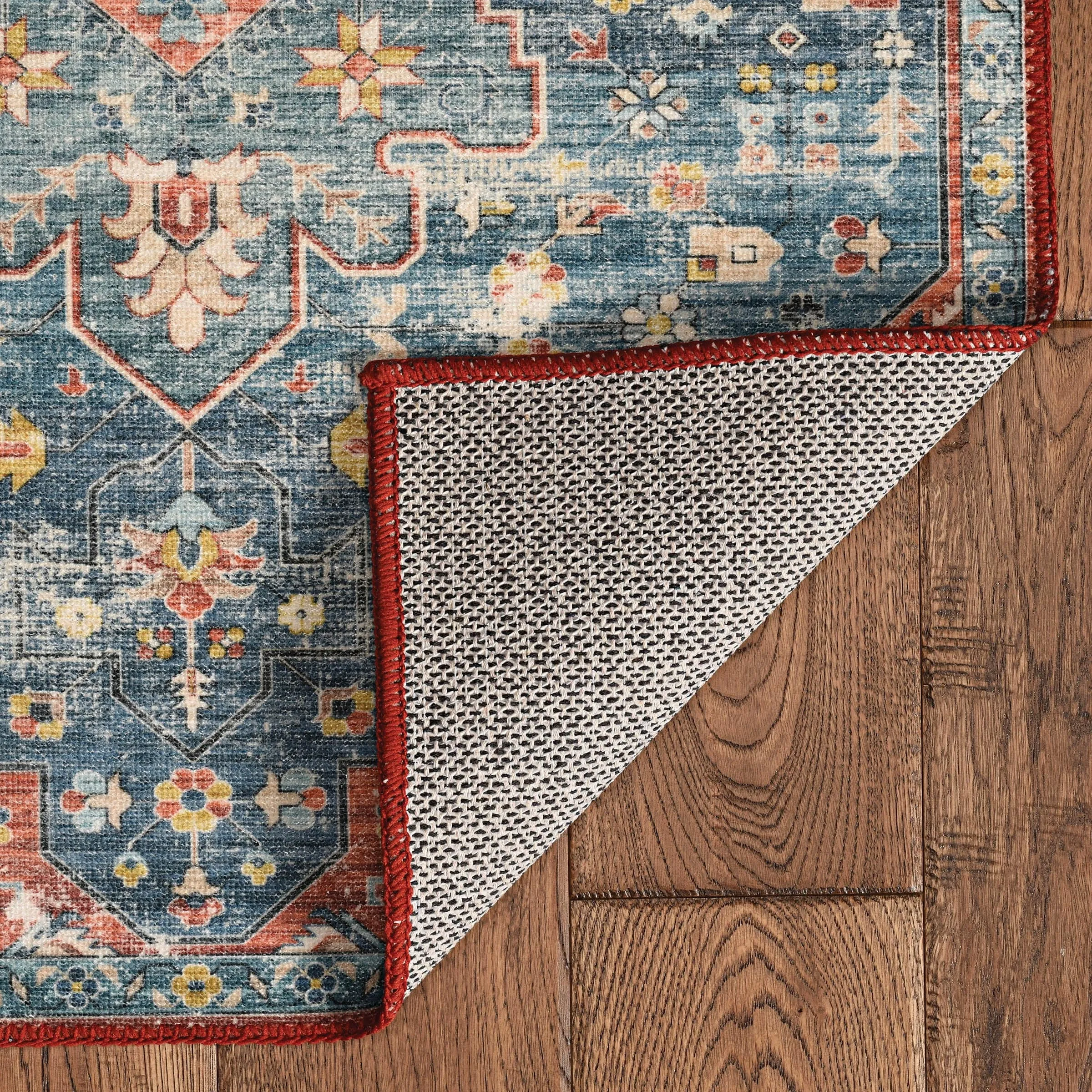Markum Machine Washable Teal and Rust Area Rug