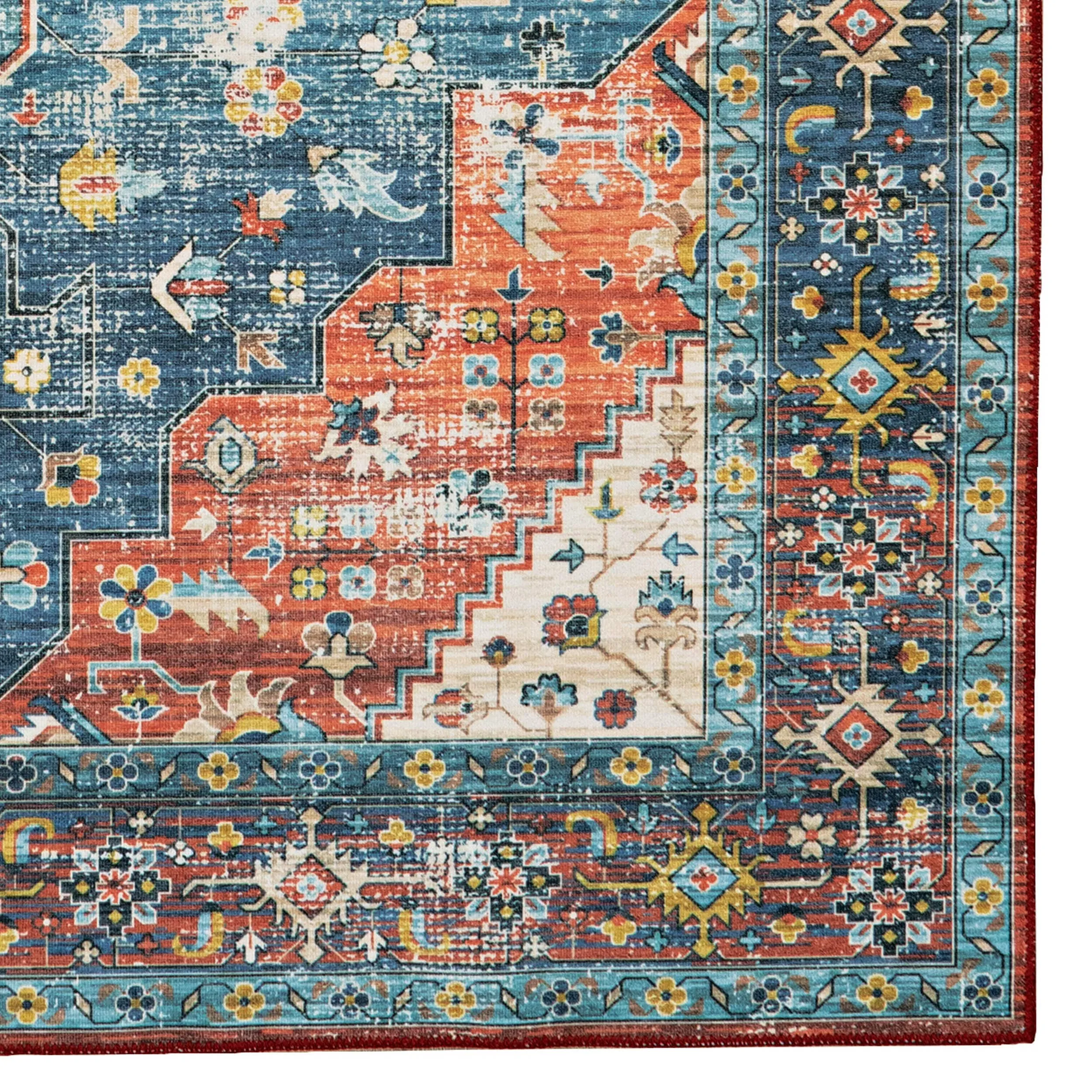 Markum Machine Washable Teal and Rust Area Rug
