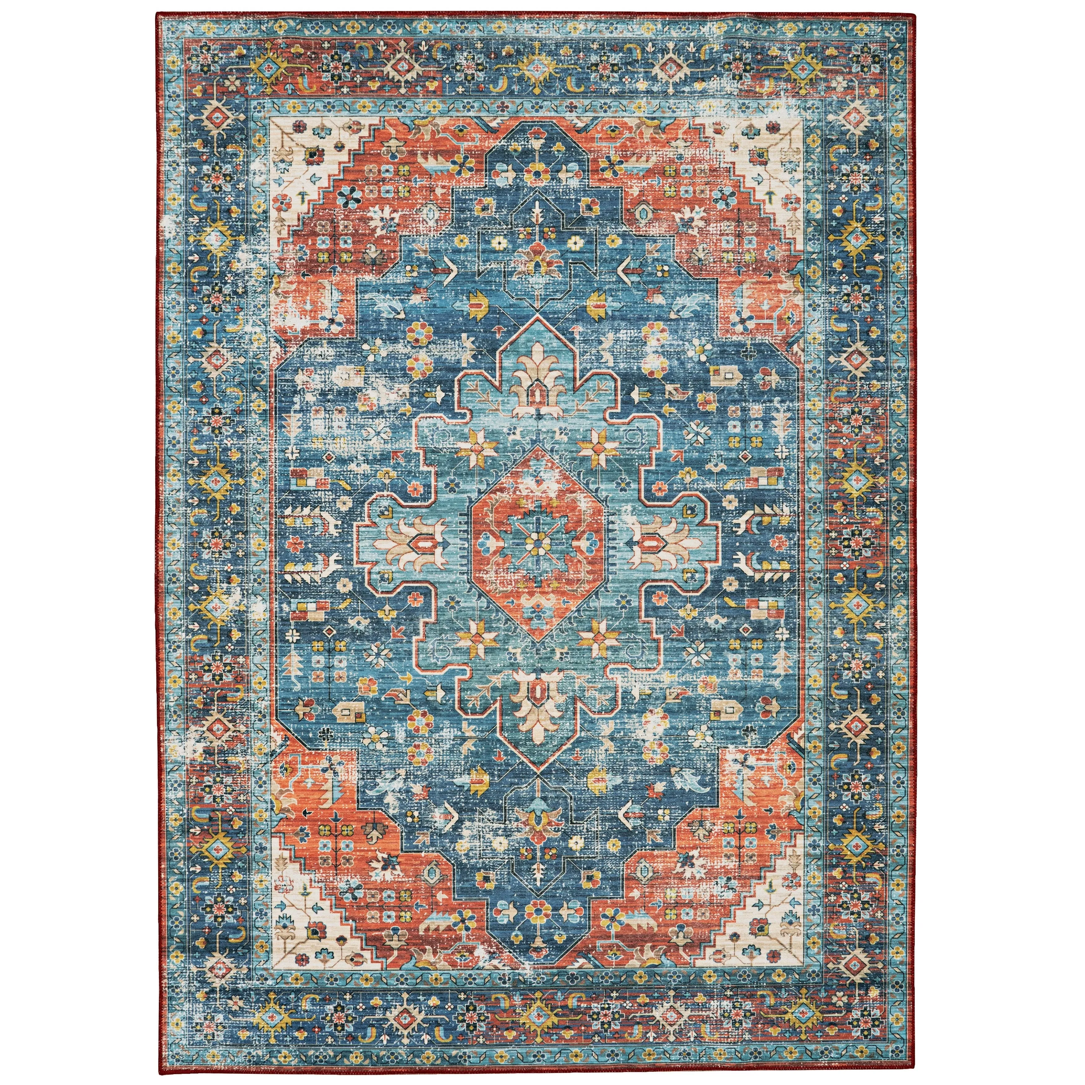 Markum Machine Washable Teal and Rust Area Rug