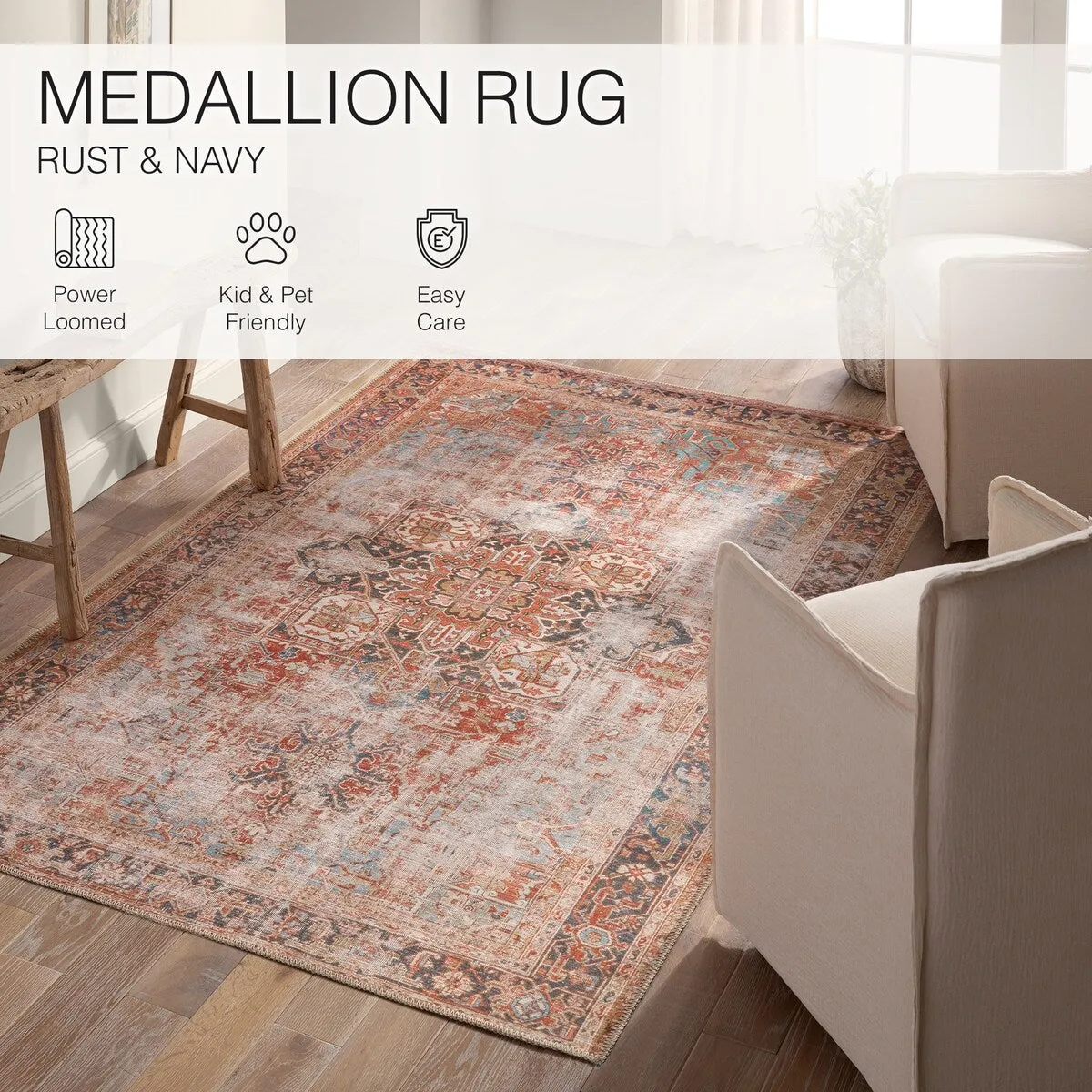 Matias Machine Washable Medallion Rust/Navy Rug