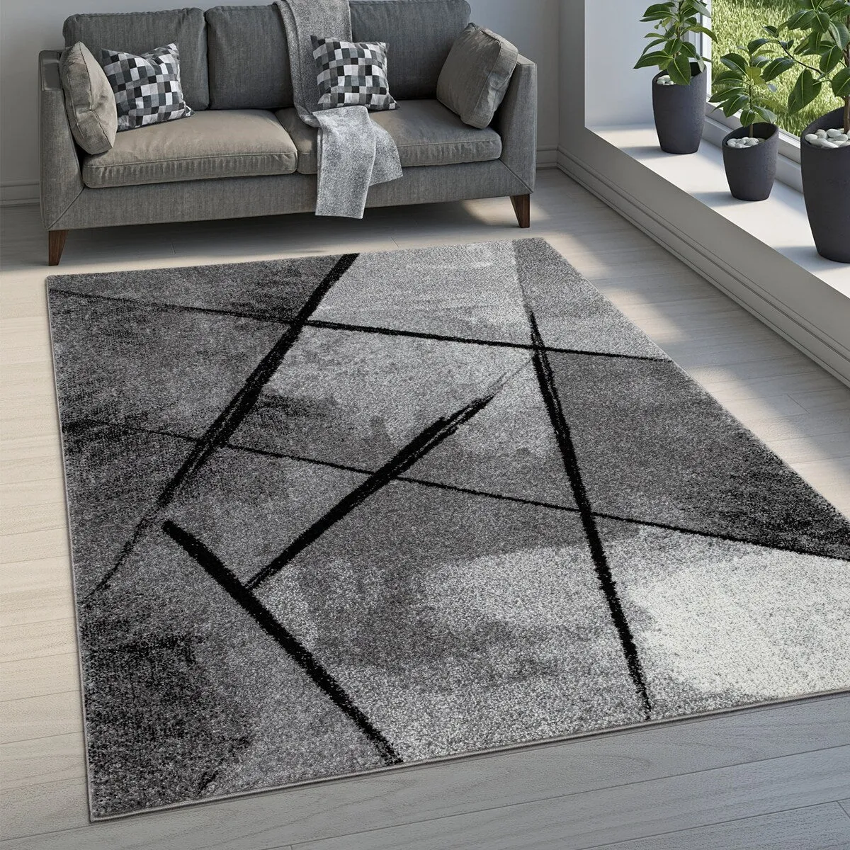 Modern Area Rug Abstract Black Stripes and Grey Shades