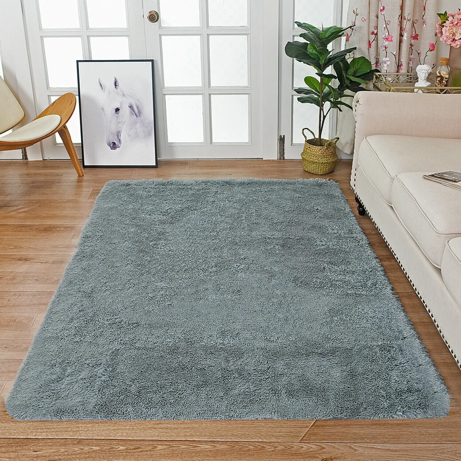 Modern Soft PV Plush Furry Area Rug - Non-Slip Fuzzy Shag - Floor Carpet for Bedroom. Living Room. Nursery - Solid Color