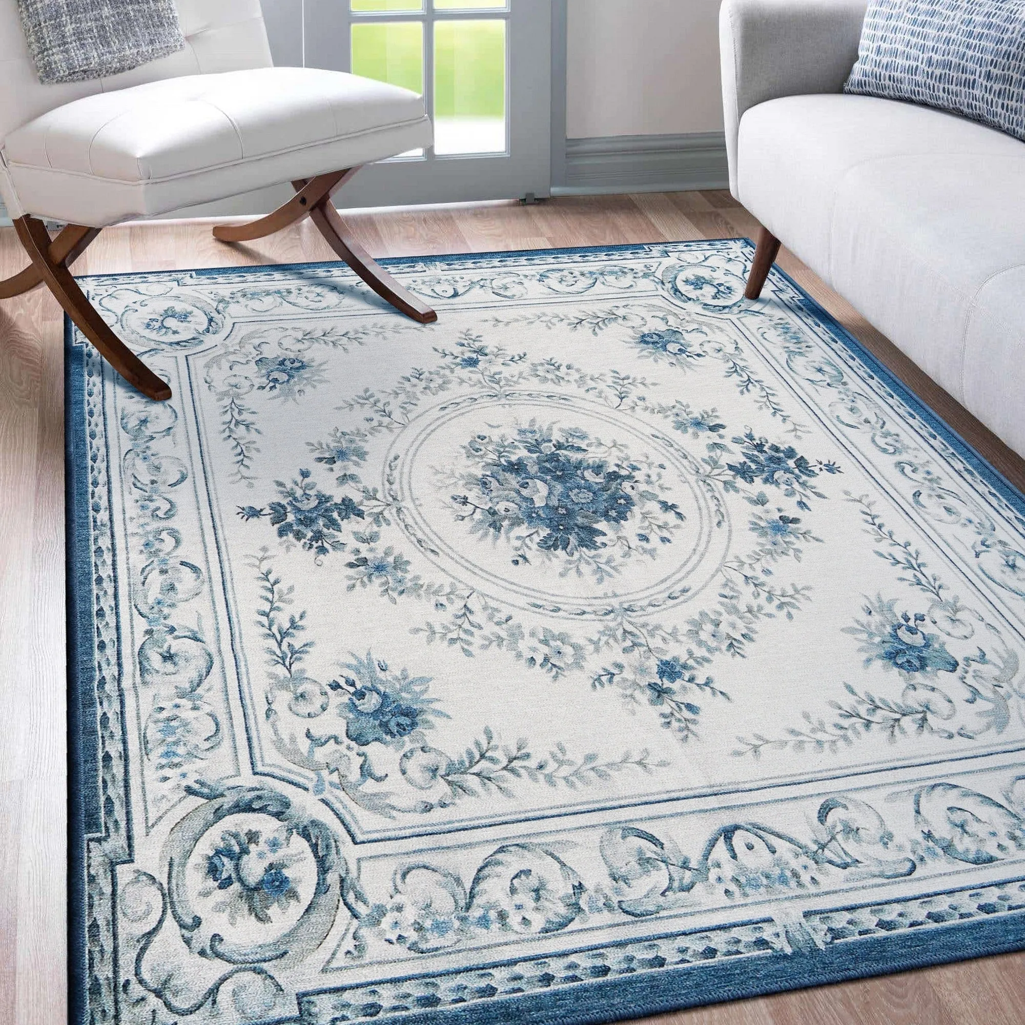 My Magic Carpet Aubusson Blue Machine Washable Rug