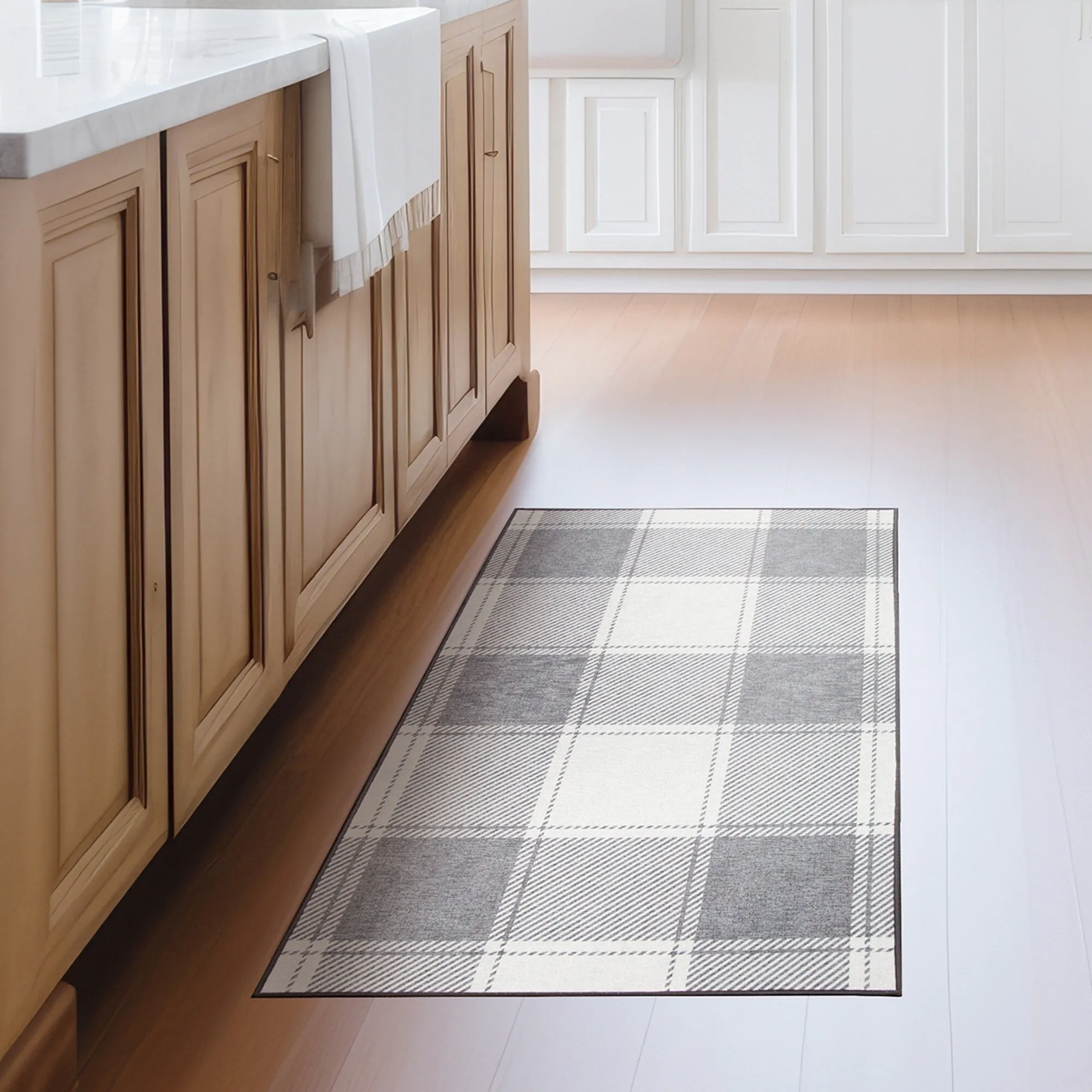 My Magic Carpet Machine Washable Area Rug Buffalo Plaid Grey And White