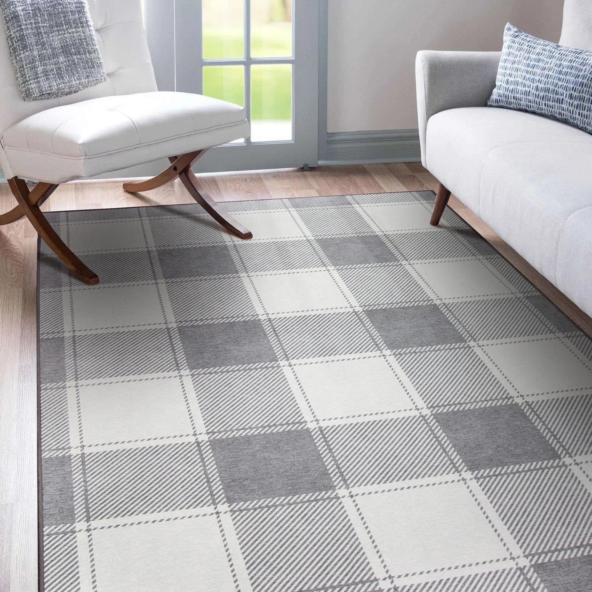 My Magic Carpet Machine Washable Area Rug Buffalo Plaid Grey And White