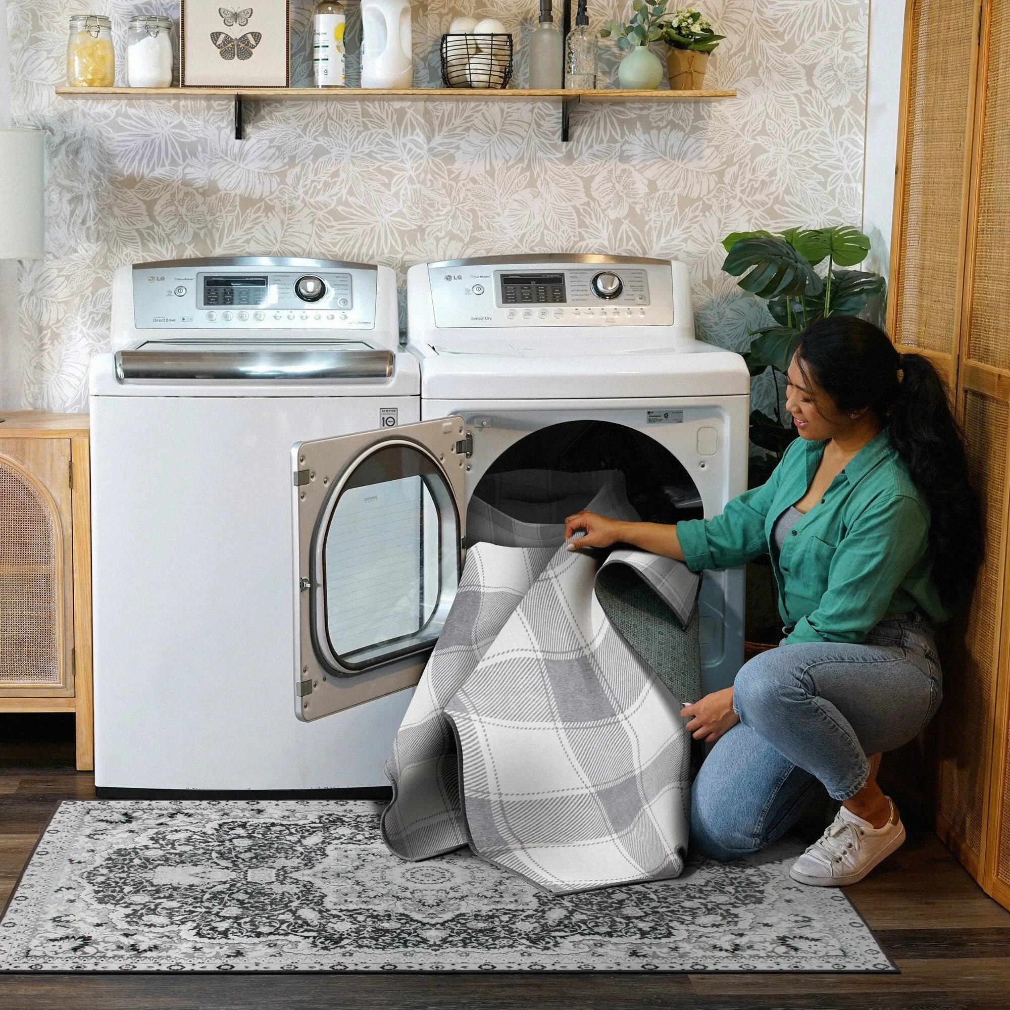 My Magic Carpet Machine Washable Area Rug Buffalo Plaid Grey And White