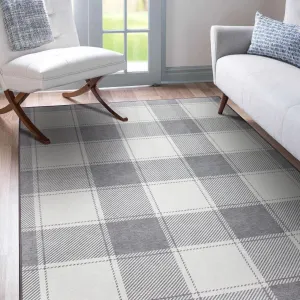 My Magic Carpet Machine Washable Area Rug Buffalo Plaid Grey And White
