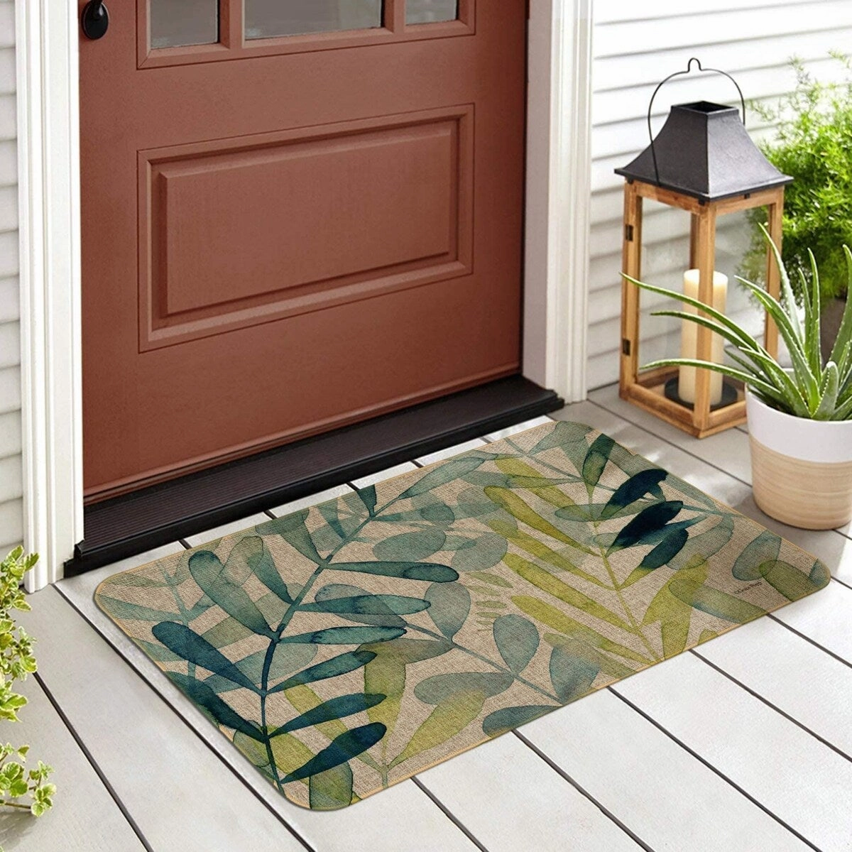 Natural Linen Look Decorative Low Profile Indoor/Outdoor Floor Mat with Recycled Rubber Back. Gossamer Palm. 29.5 x 17.75.