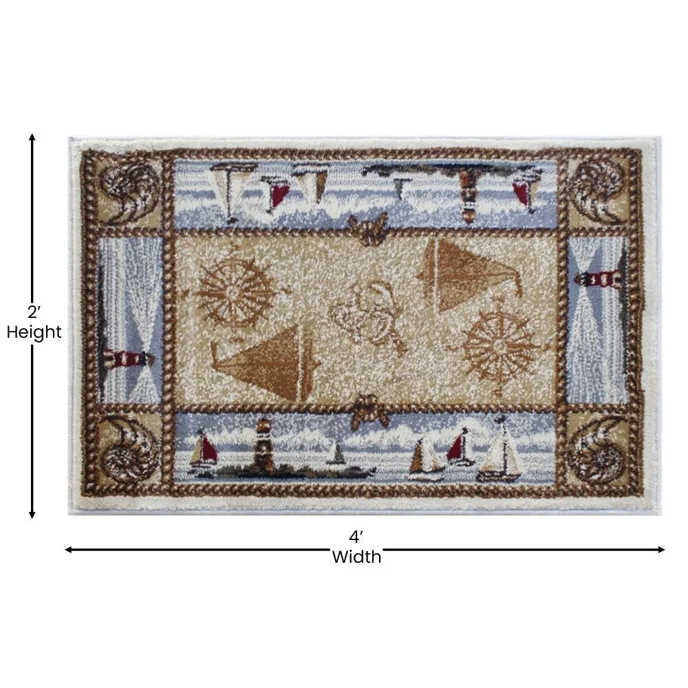 Nautical Themed Multipurpose Olefin Area Rug for Indoor Use