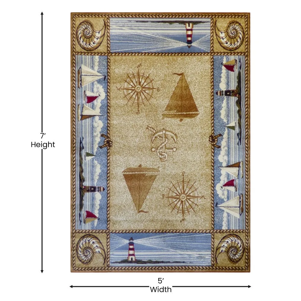Nautical Themed Multipurpose Olefin Area Rug for Indoor Use