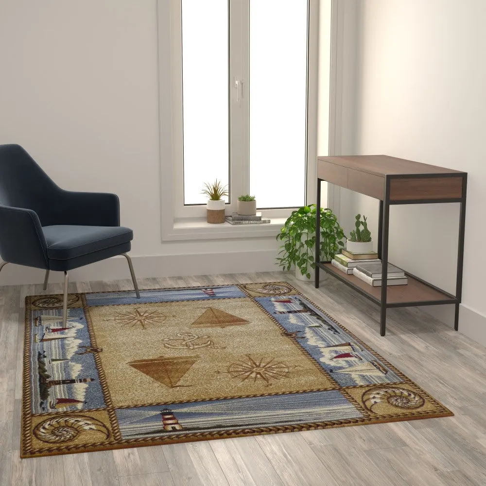 Nautical Themed Multipurpose Olefin Area Rug for Indoor Use