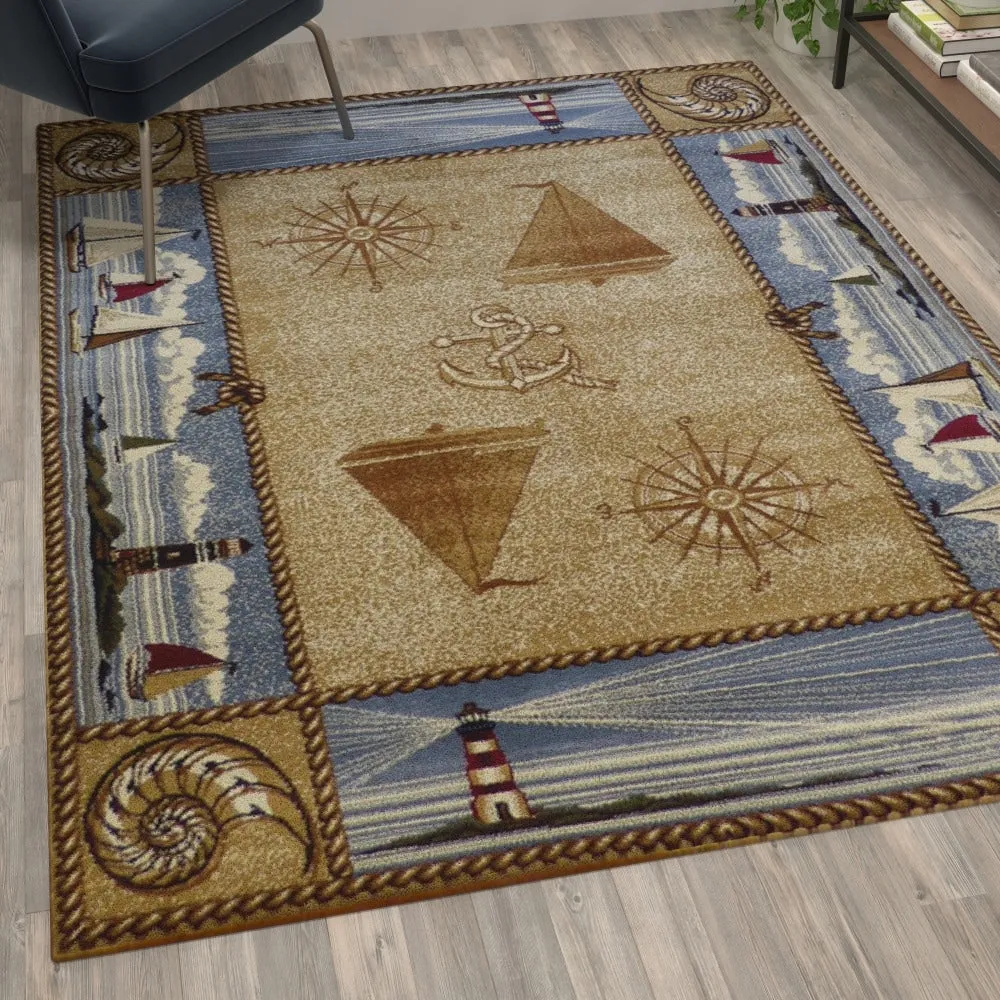 Nautical Themed Multipurpose Olefin Area Rug for Indoor Use