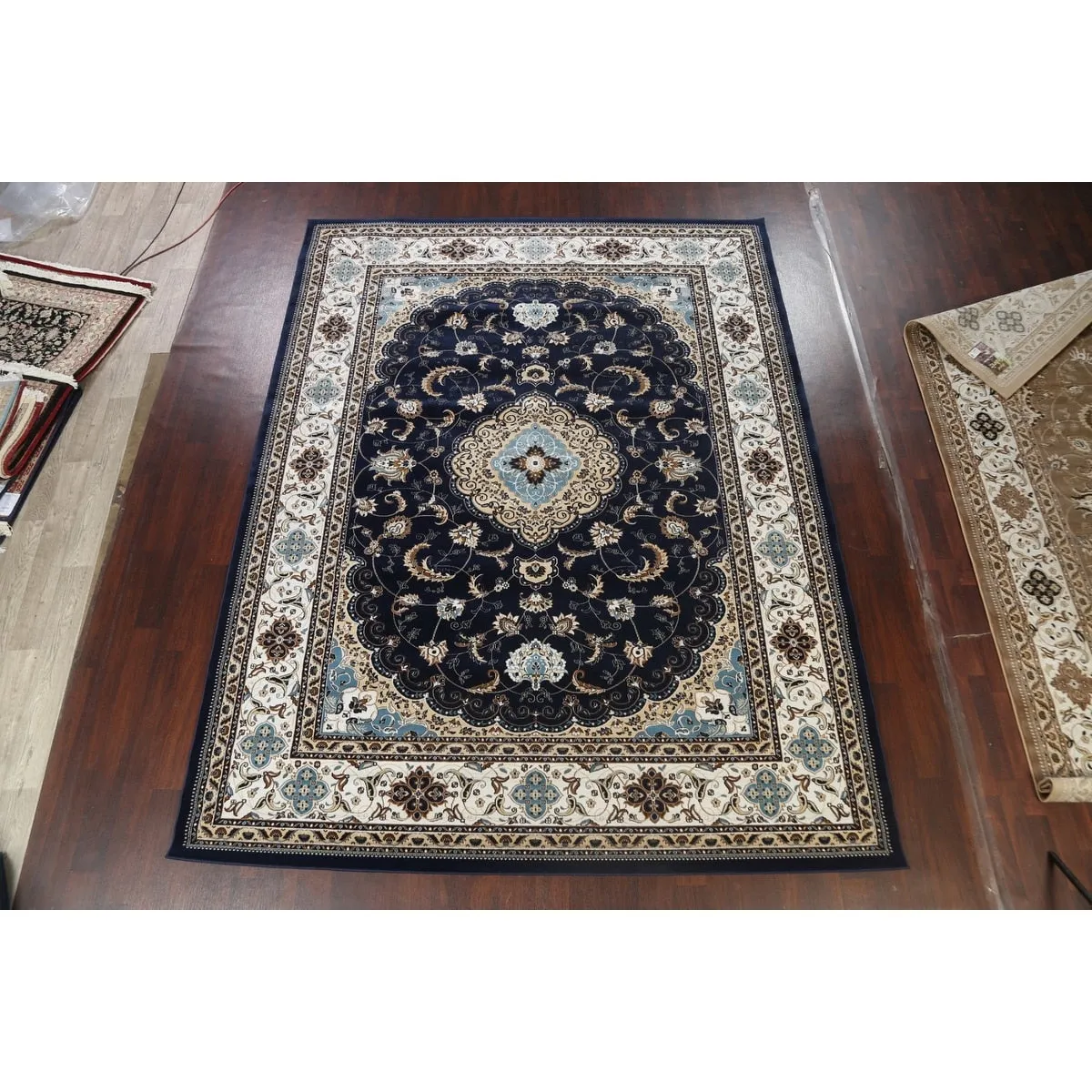 Navy Blue Floral Oriental Traditional Tabriz Area Rug Turkish Carpet