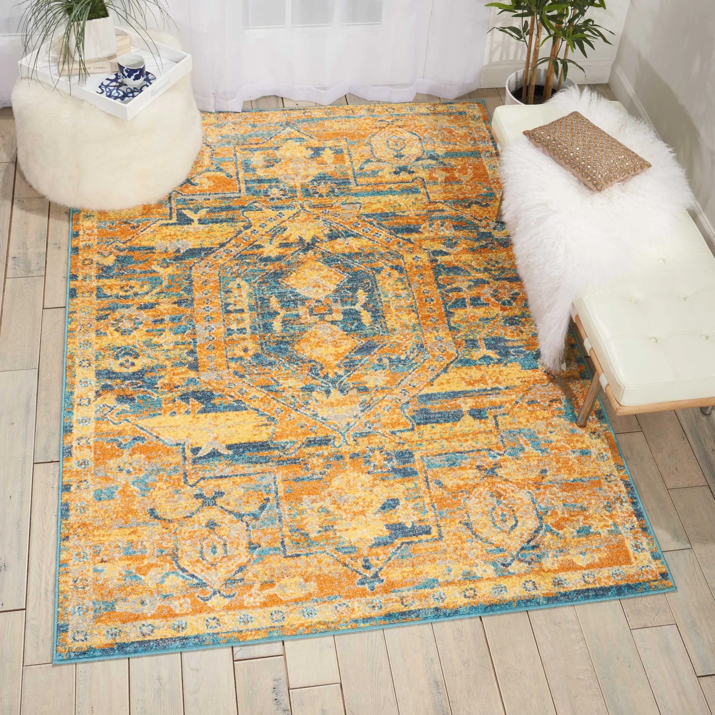 Nourison Passion Distressed Persian Antique Gold Teal Area Rug