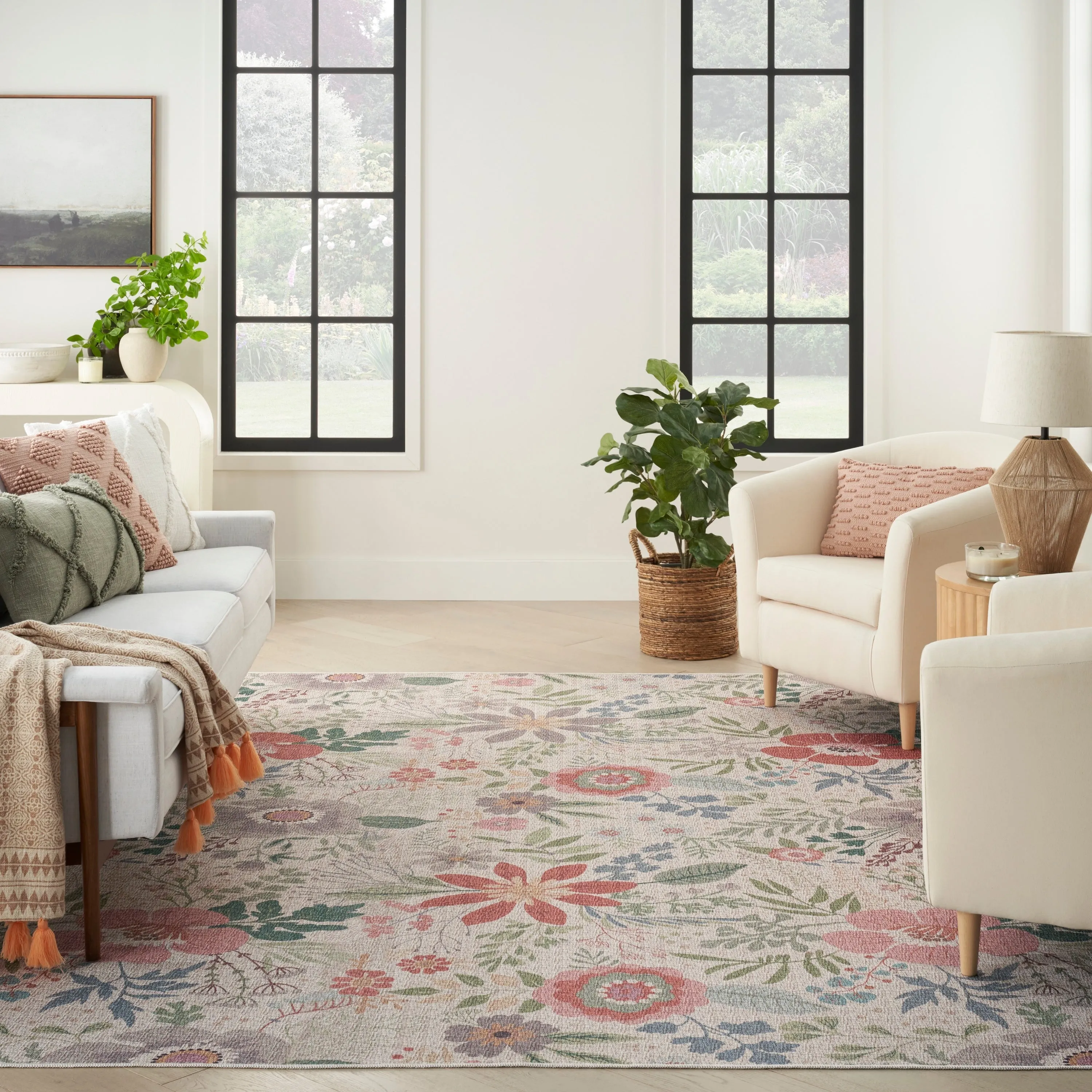 Nourison Washables Indoor Pink Floral Area Rug