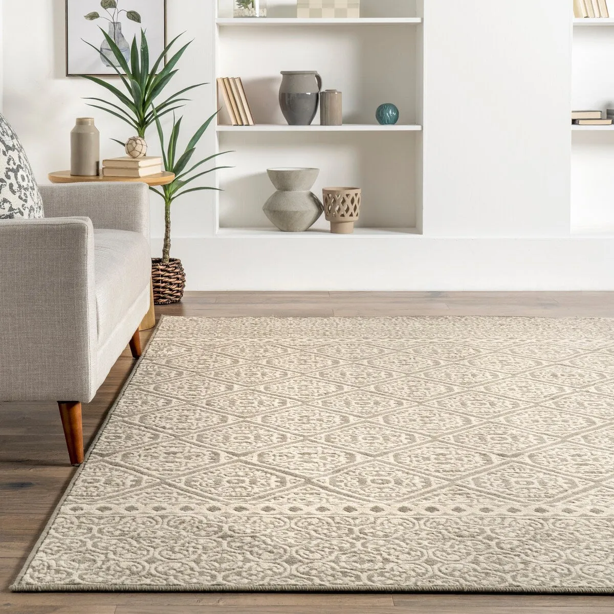 Nuloom Grey Transitional Charming Fiona Damask Trellis Stripped Area Rug
