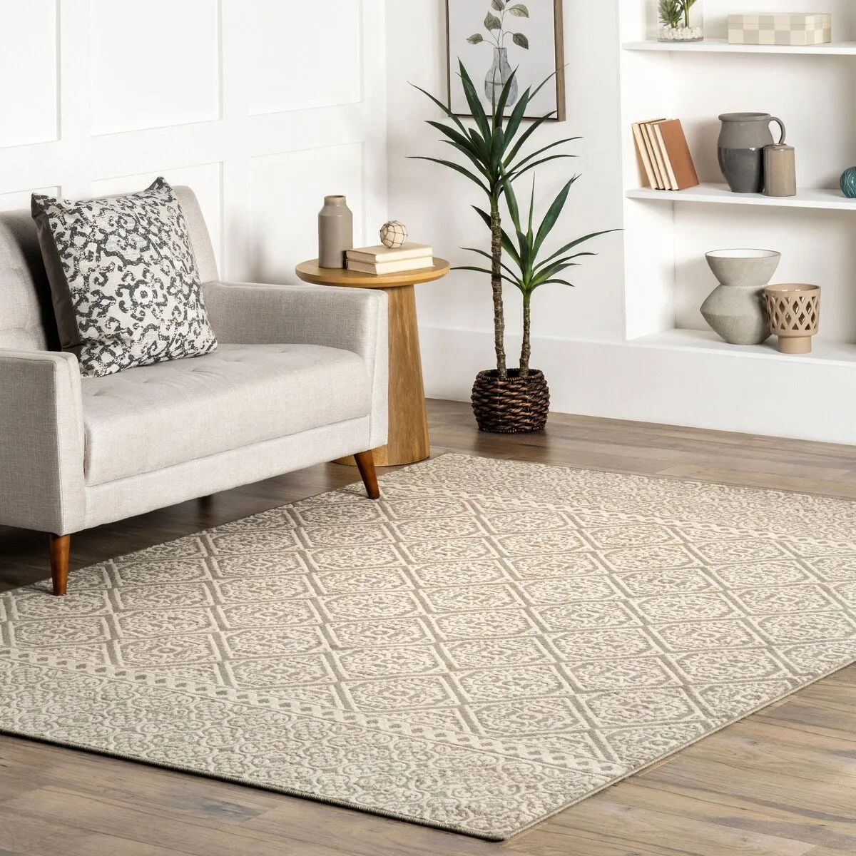 Nuloom Grey Transitional Charming Fiona Damask Trellis Stripped Area Rug