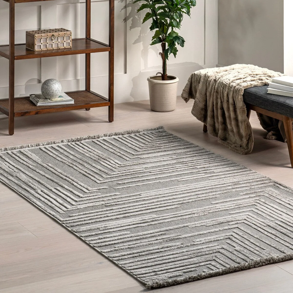 Nuloom Ziva Contemporary Abstract High-Low Fringe Area Rug