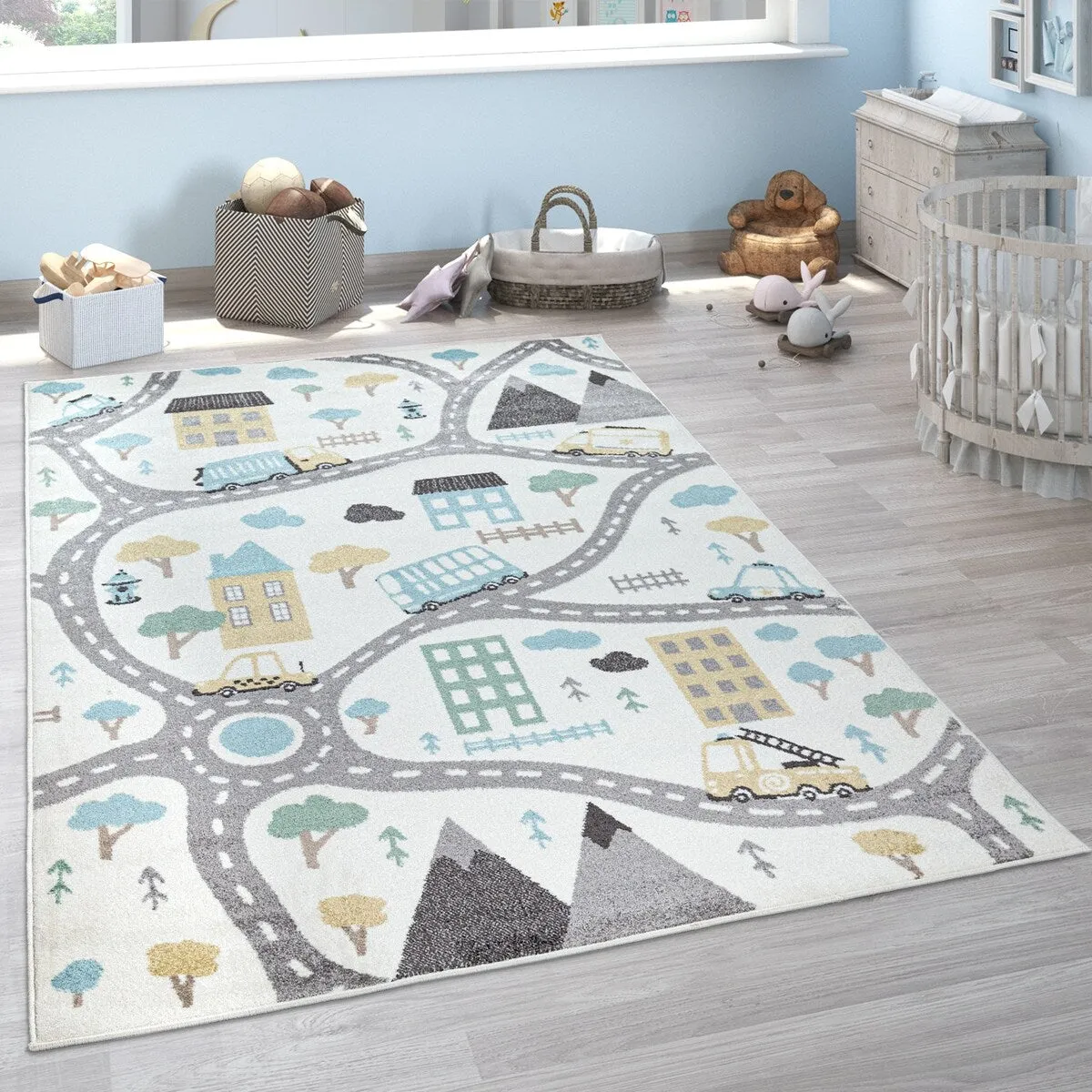 Nursery Rug with Streets Cars and Trees Motif in Pastel Colors
