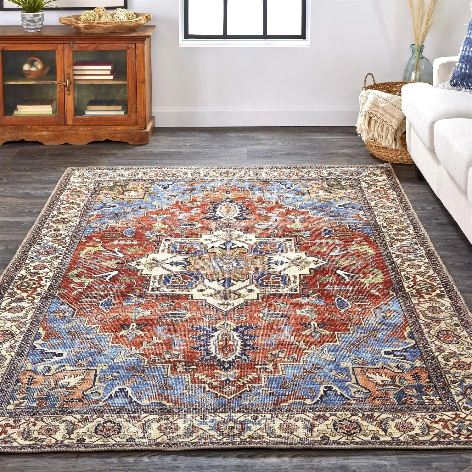 Prescott Vintage Medallion Rug. Rust/Nav Blue/Beige. Accent Rug