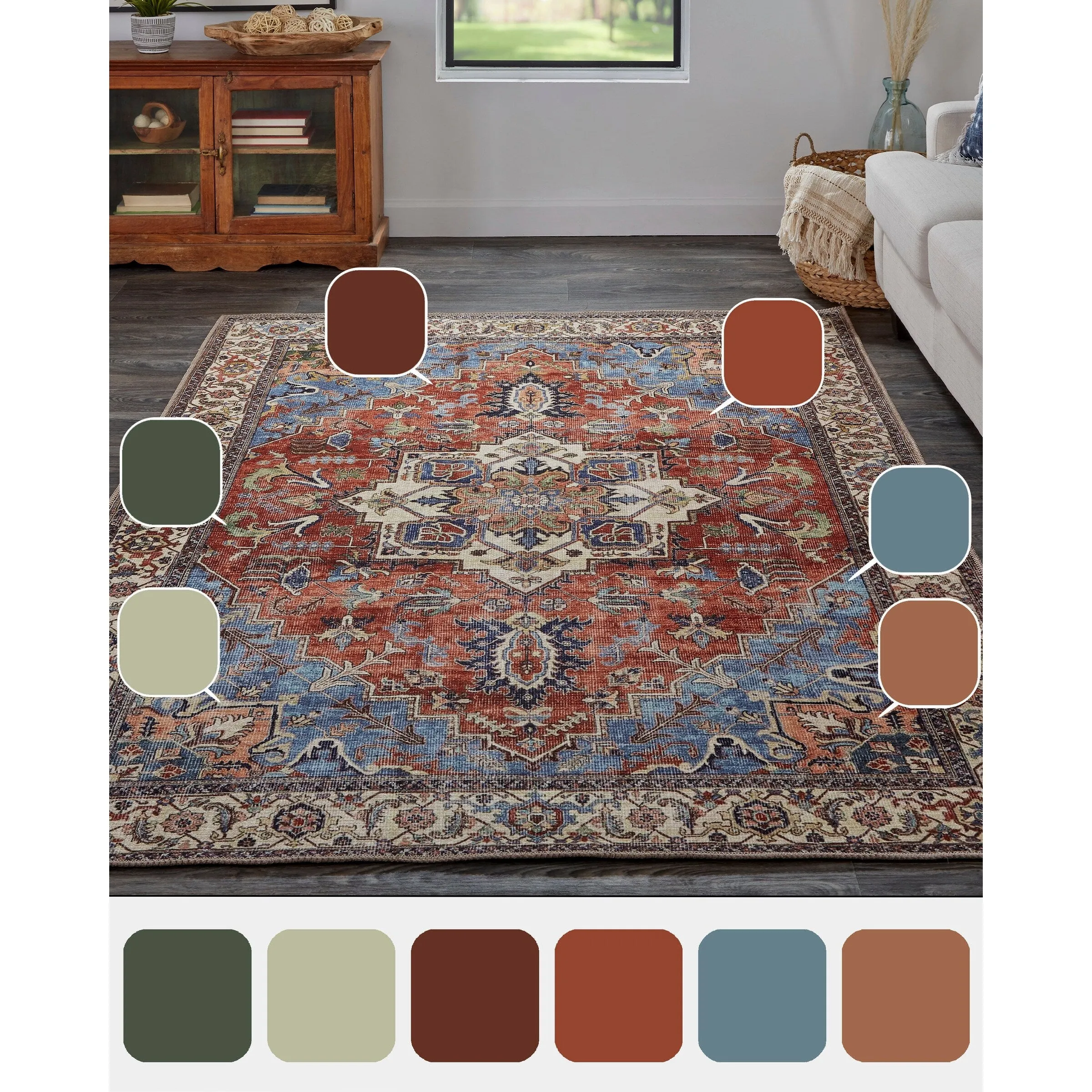 Prescott Vintage Medallion Rug. Rust/Nav Blue/Beige. Accent Rug