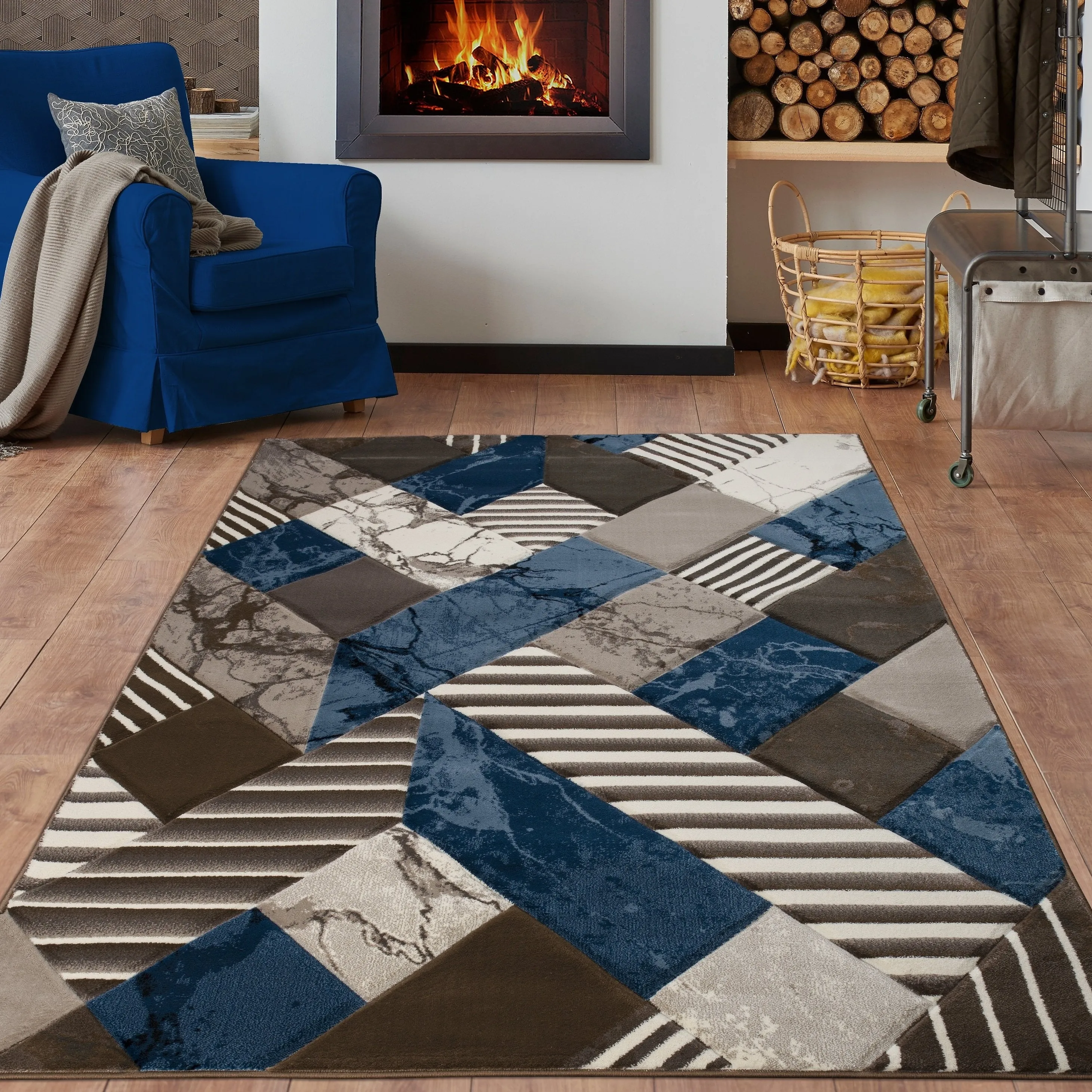 Rhodes Collection Abstract Square Area Rug in Blue/Brown