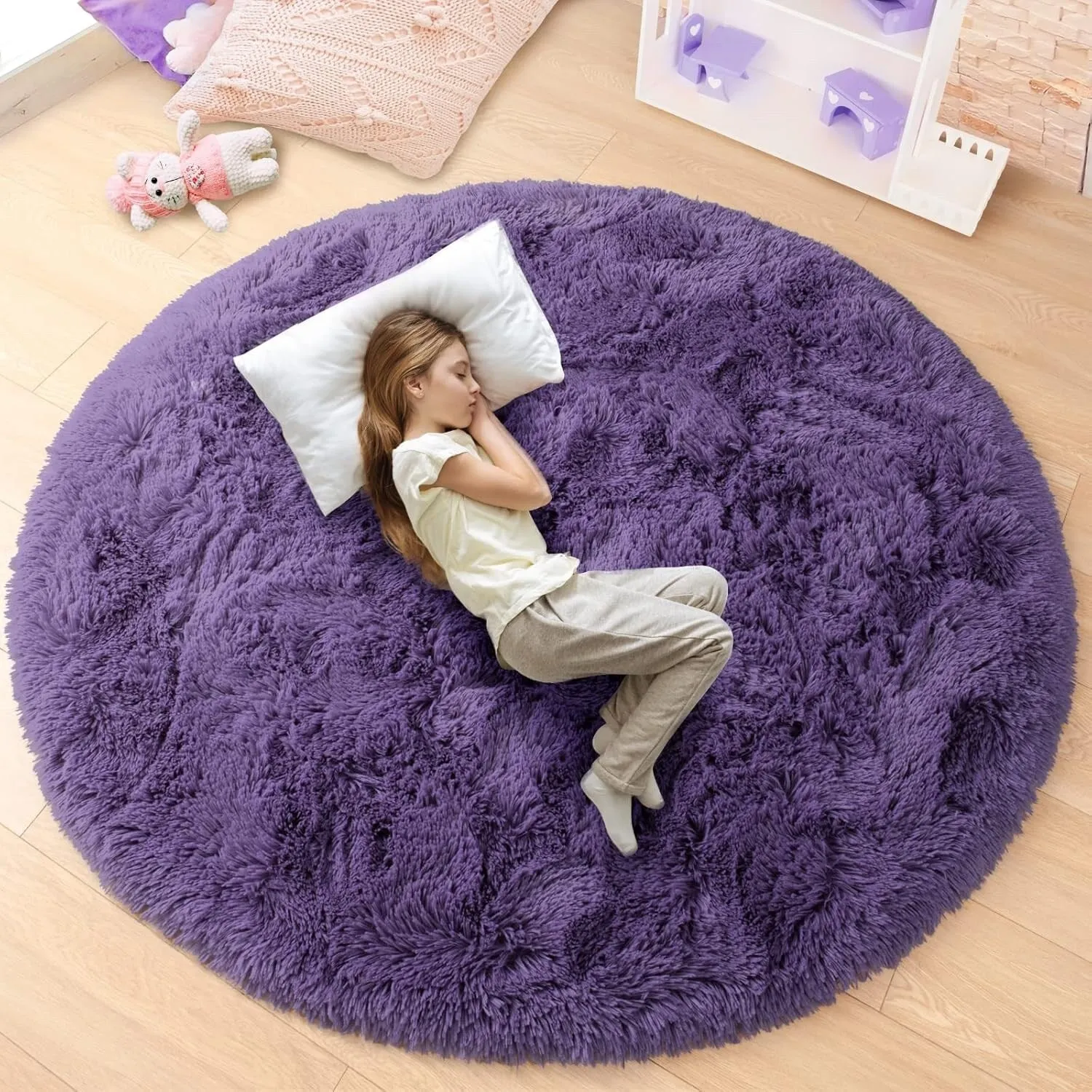 Round Area Rugs Fluffy Nursery Rug for Kids Bedroom Living Room Mat
