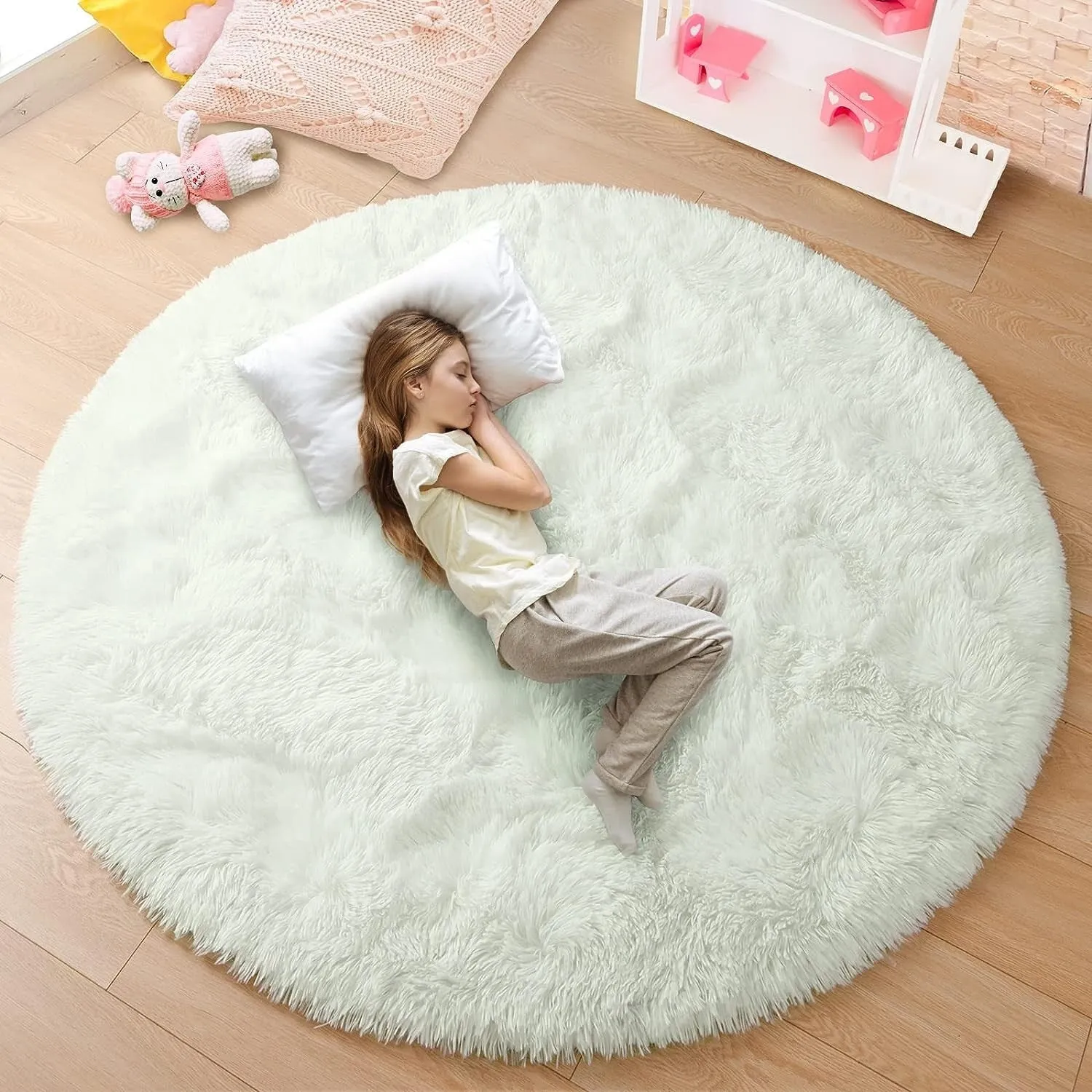Round Area Rugs Fluffy Nursery Rug for Kids Bedroom Living Room Mat