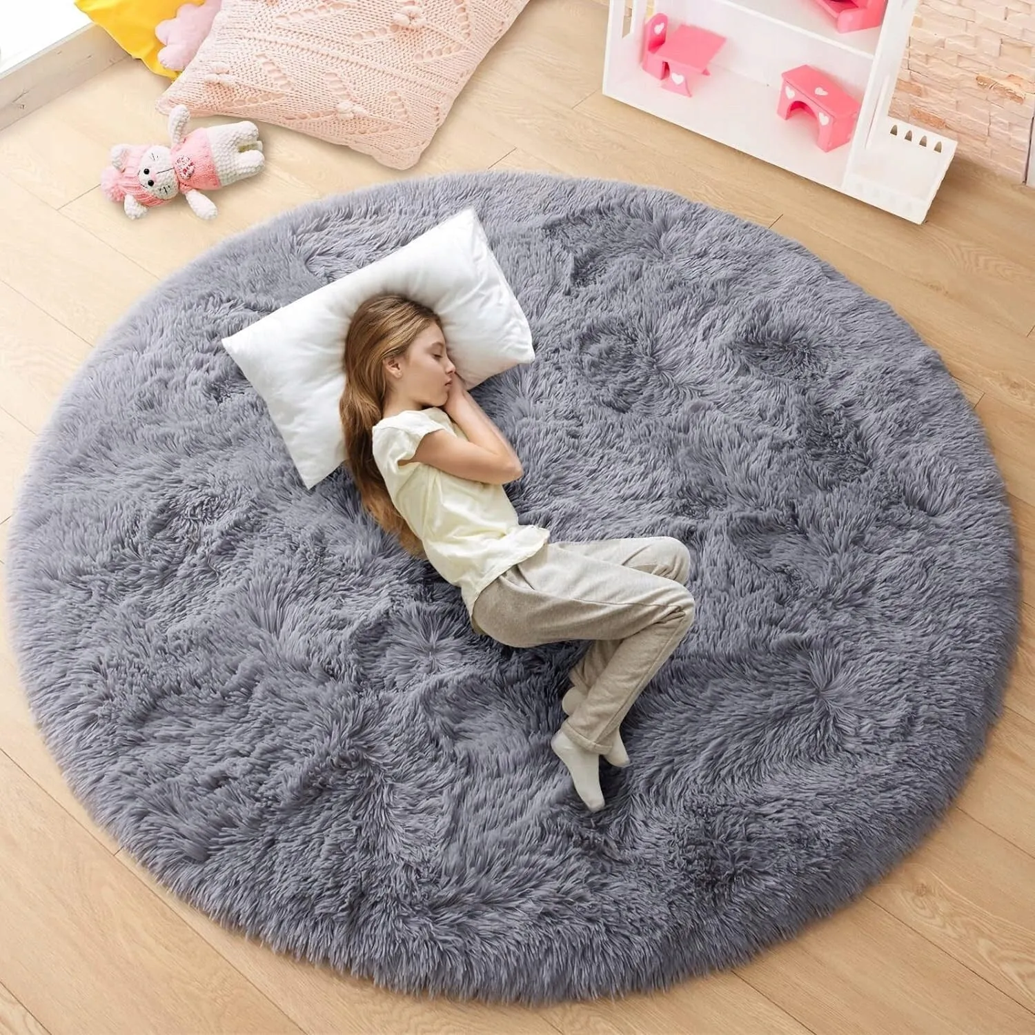 Round Area Rugs Fluffy Nursery Rug for Kids Bedroom Living Room Mat