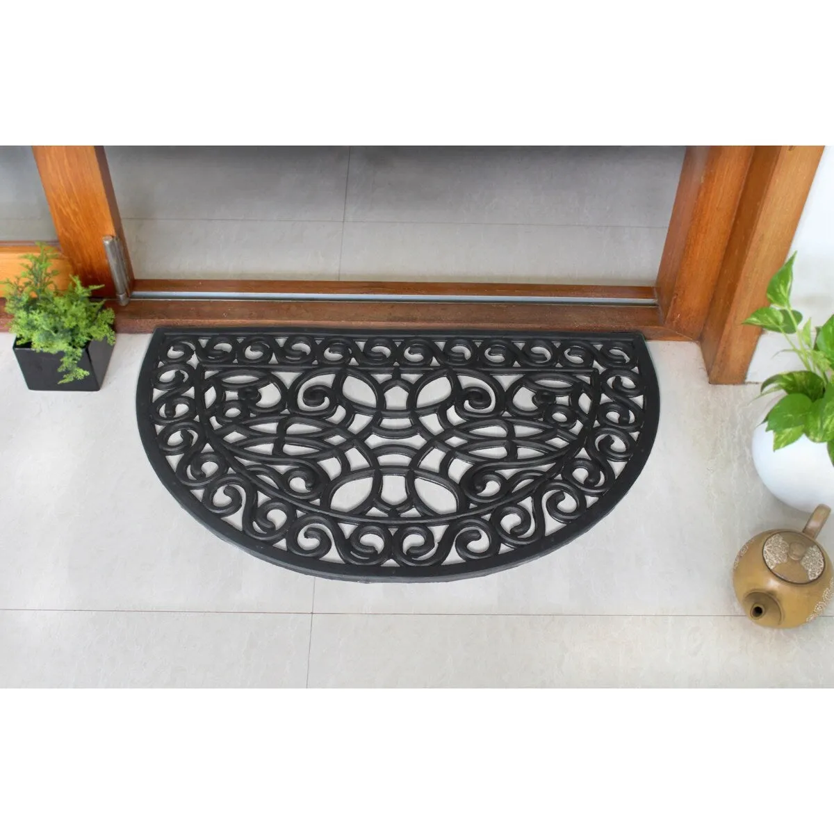 RugSmith Black Moulded Trellis Half-round Rubber Doormat. 18 x 30