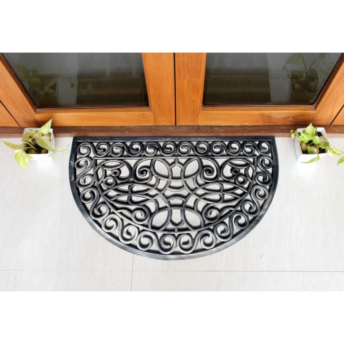 RugSmith Black Moulded Trellis Half-round Rubber Doormat. 18 x 30