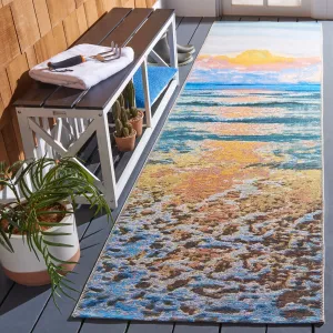 SAFAVIEH Barbados Wanne Tropical Indoor/ Outdoor Waterproof Patio Backyard Rug - Gold/Blue - 2'8 x 10'5 Runner