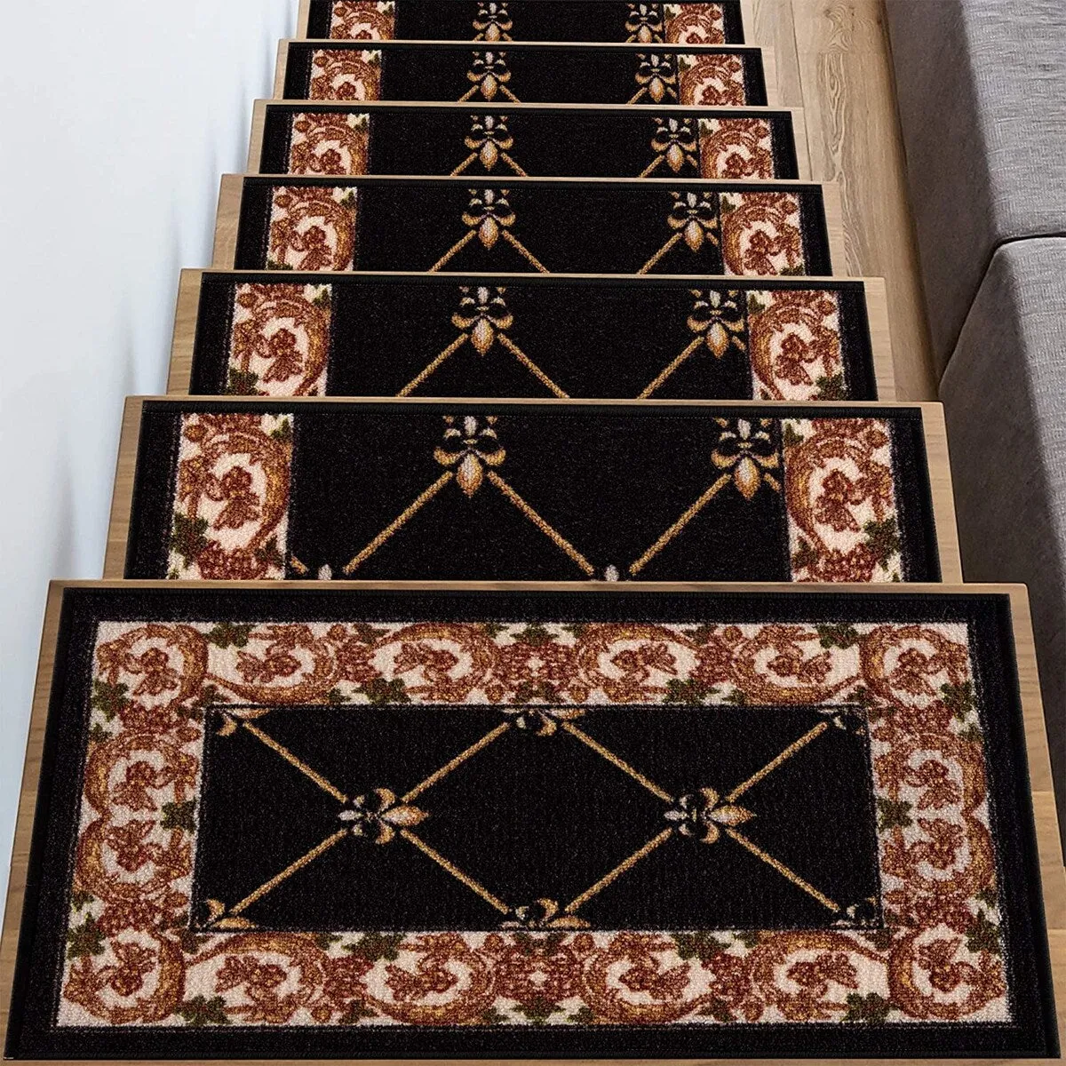 Stair Treads Fleur De Lis Floral Design Non Slip Backing. 8.5''X26''