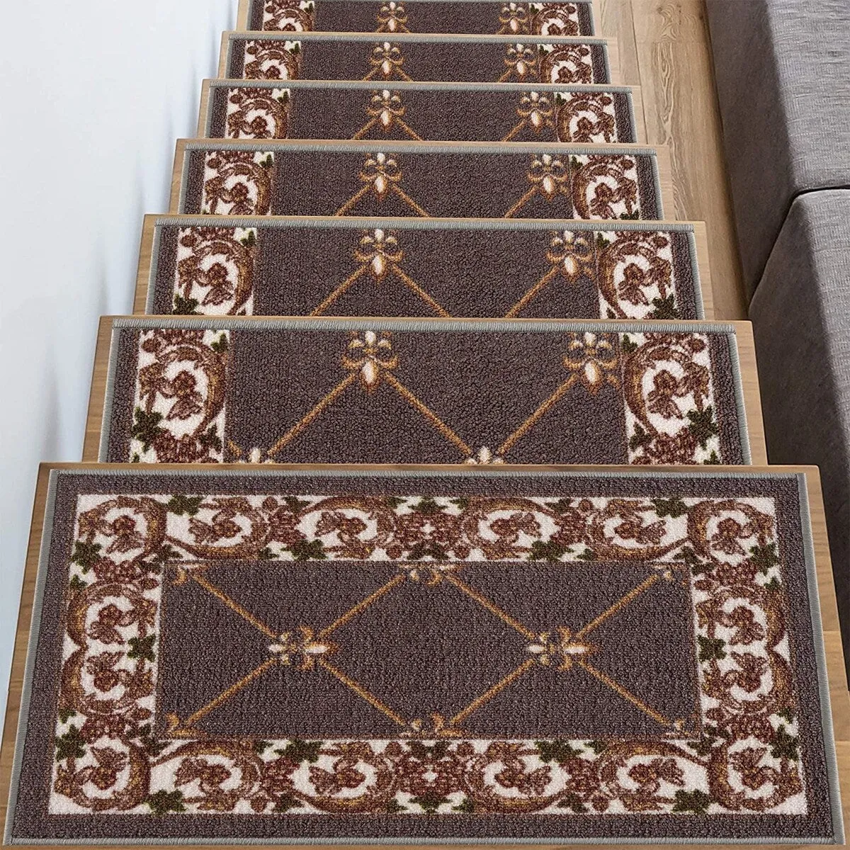 Stair Treads Fleur De Lis Floral Design Non Slip Backing. 8.5''X26''