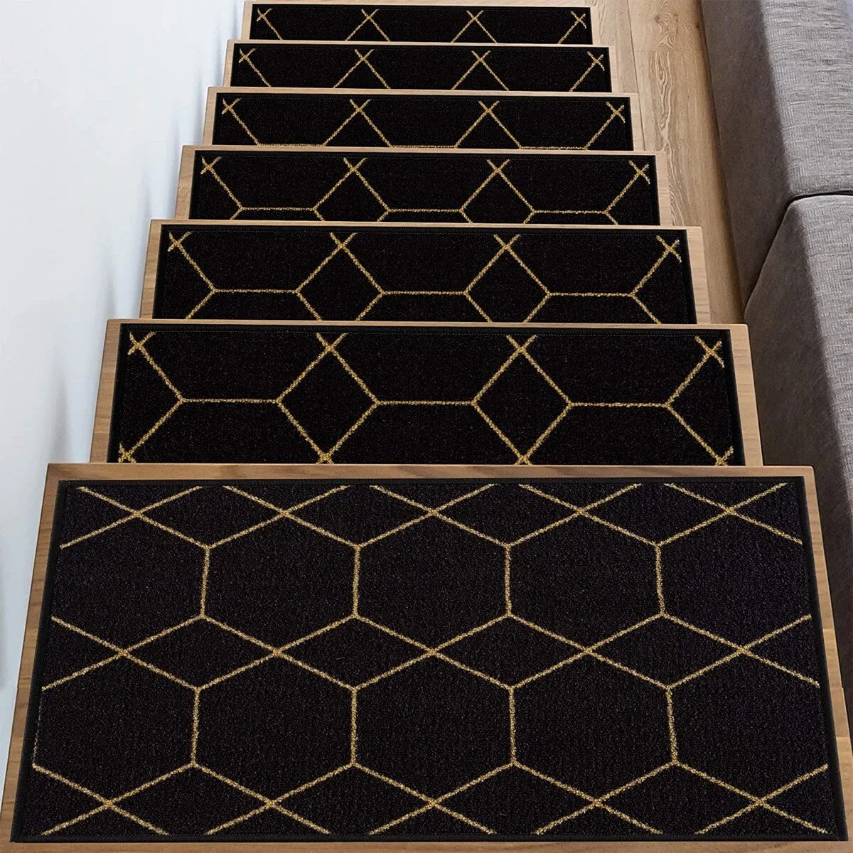 Stair Treads Hexagon Design Washable Non Slip Backing. 8.5''X26''