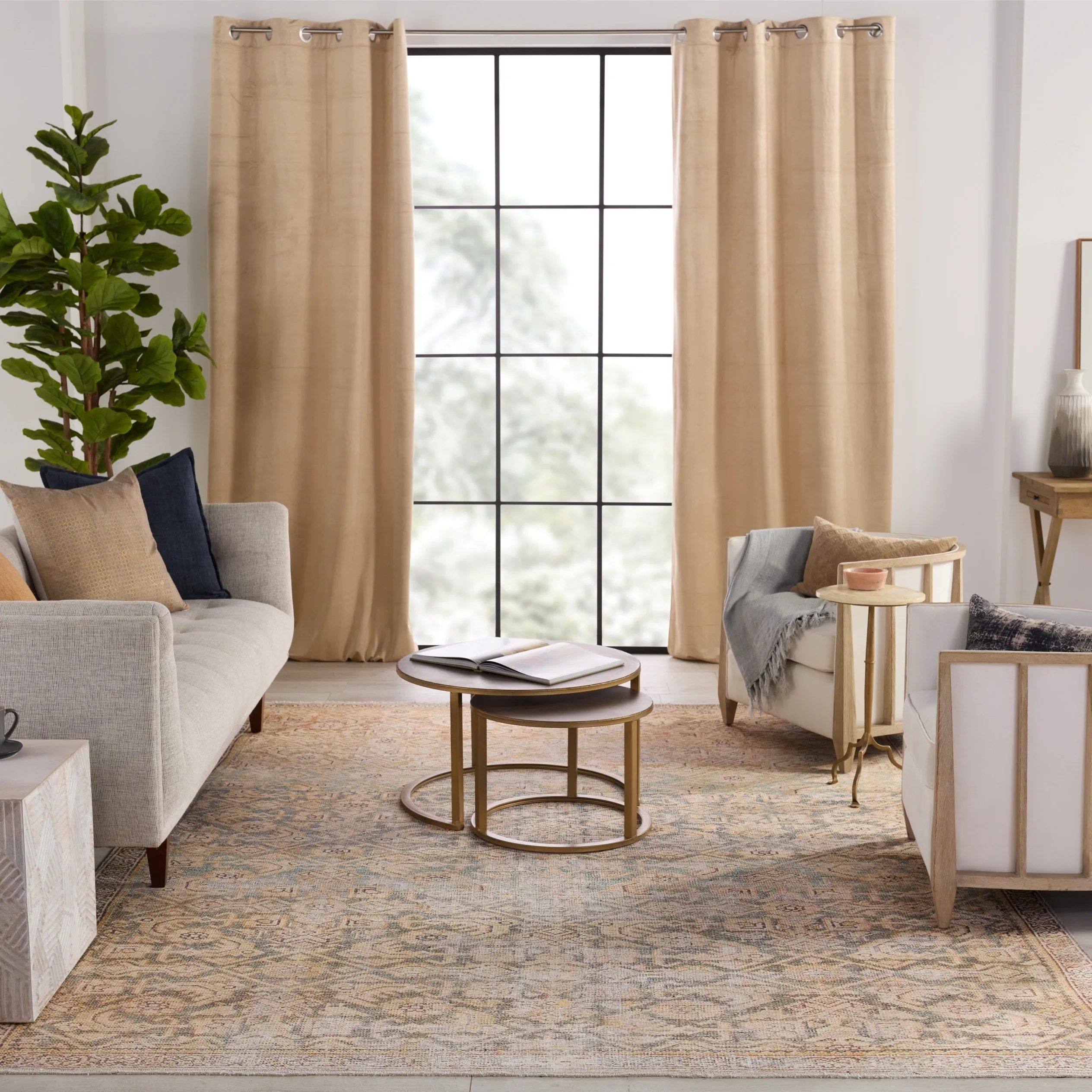 The Curated Nomad Durlston Printed Trellis Gold/ Green Cotton Mix Area Rug